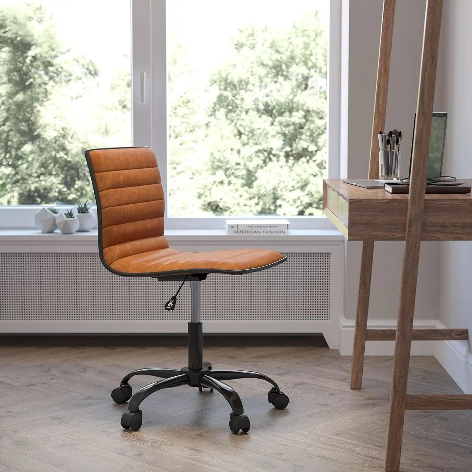 Low-Back Ribbed Upholstered Vinyl Swivel Desk Chair, Brown, Adjustable Height from PriceLows™