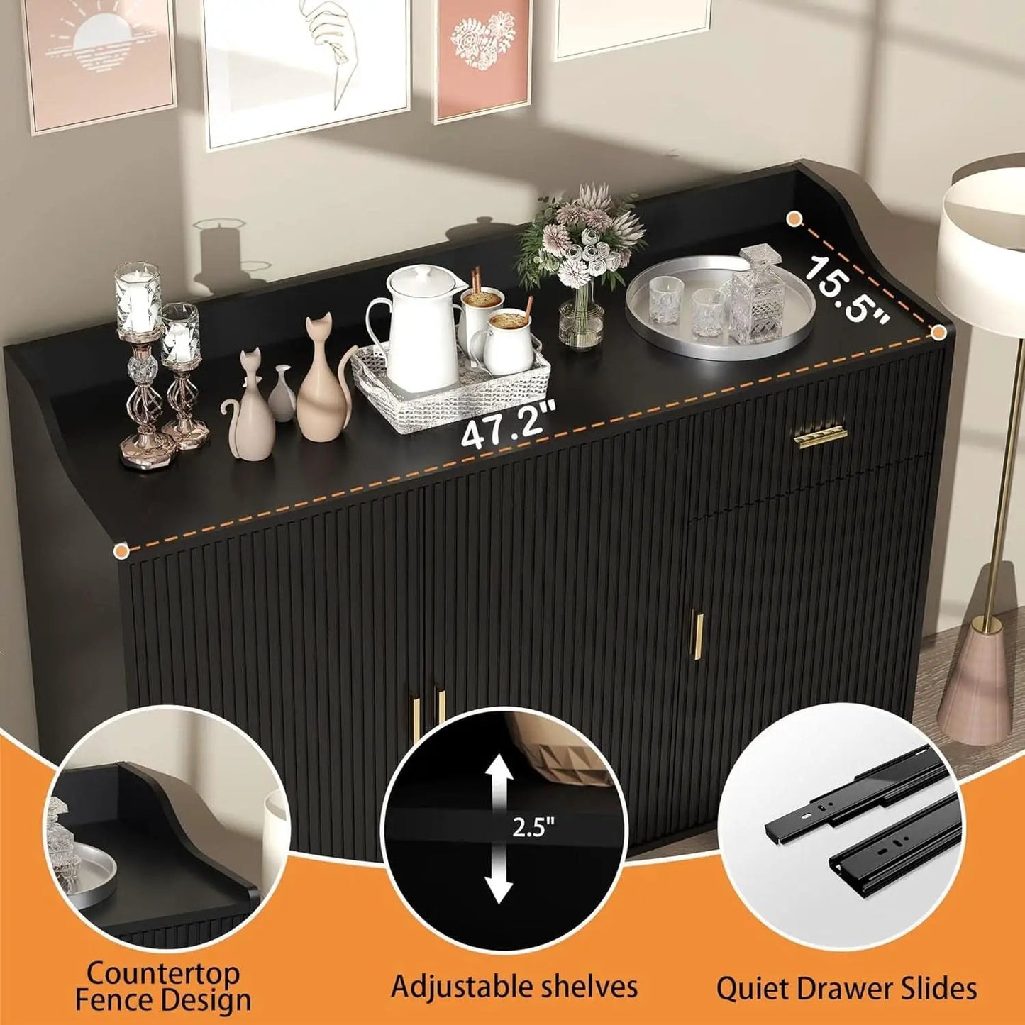 Black 47In Sideboard Cabinet For Dining Room Storage from PriceLows™