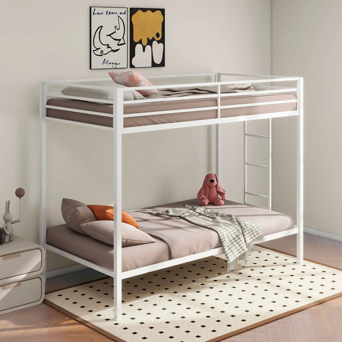 Alevera Metal Twin Over Twin Bunk Bed with Ladder | 77.5 x 41.25 x 63 in | Steel & Metal | White
