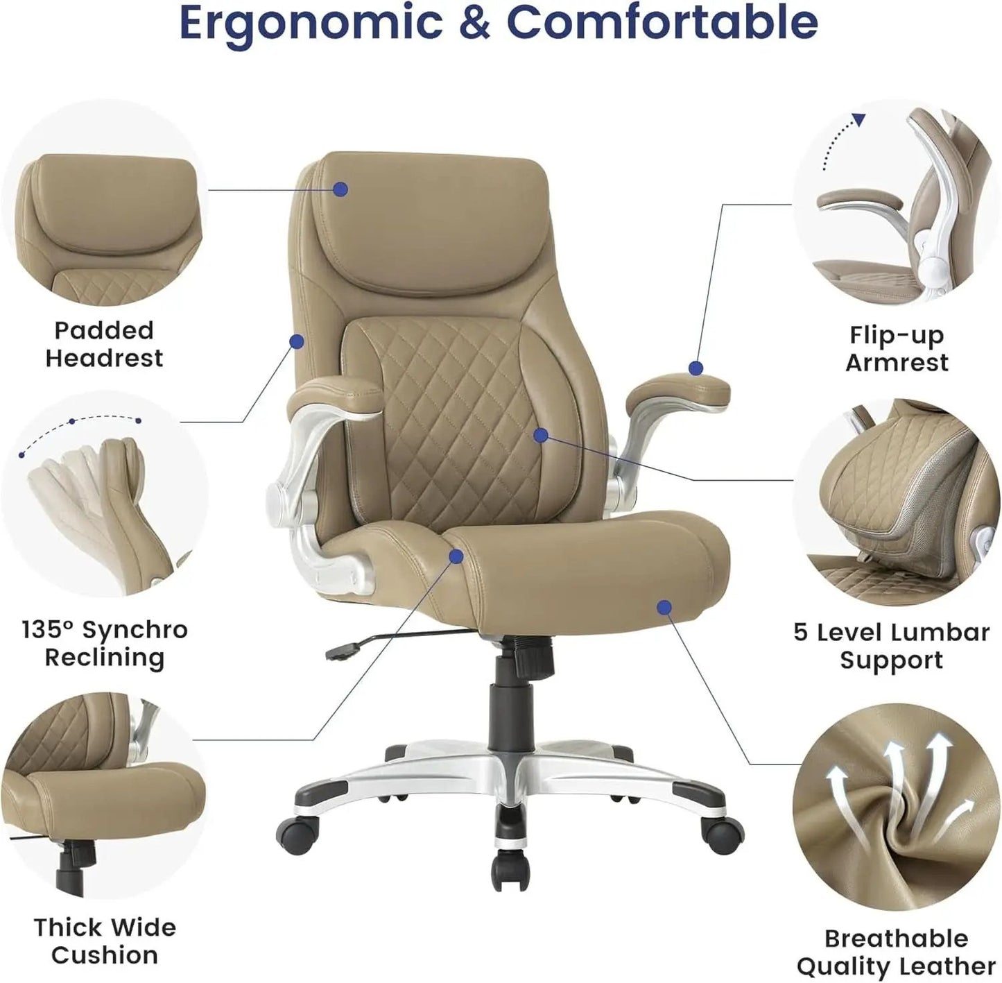 Ergonomic Office Chair Microfiber Leather With Adjustable Lumbar Support Taupe from PriceLows™