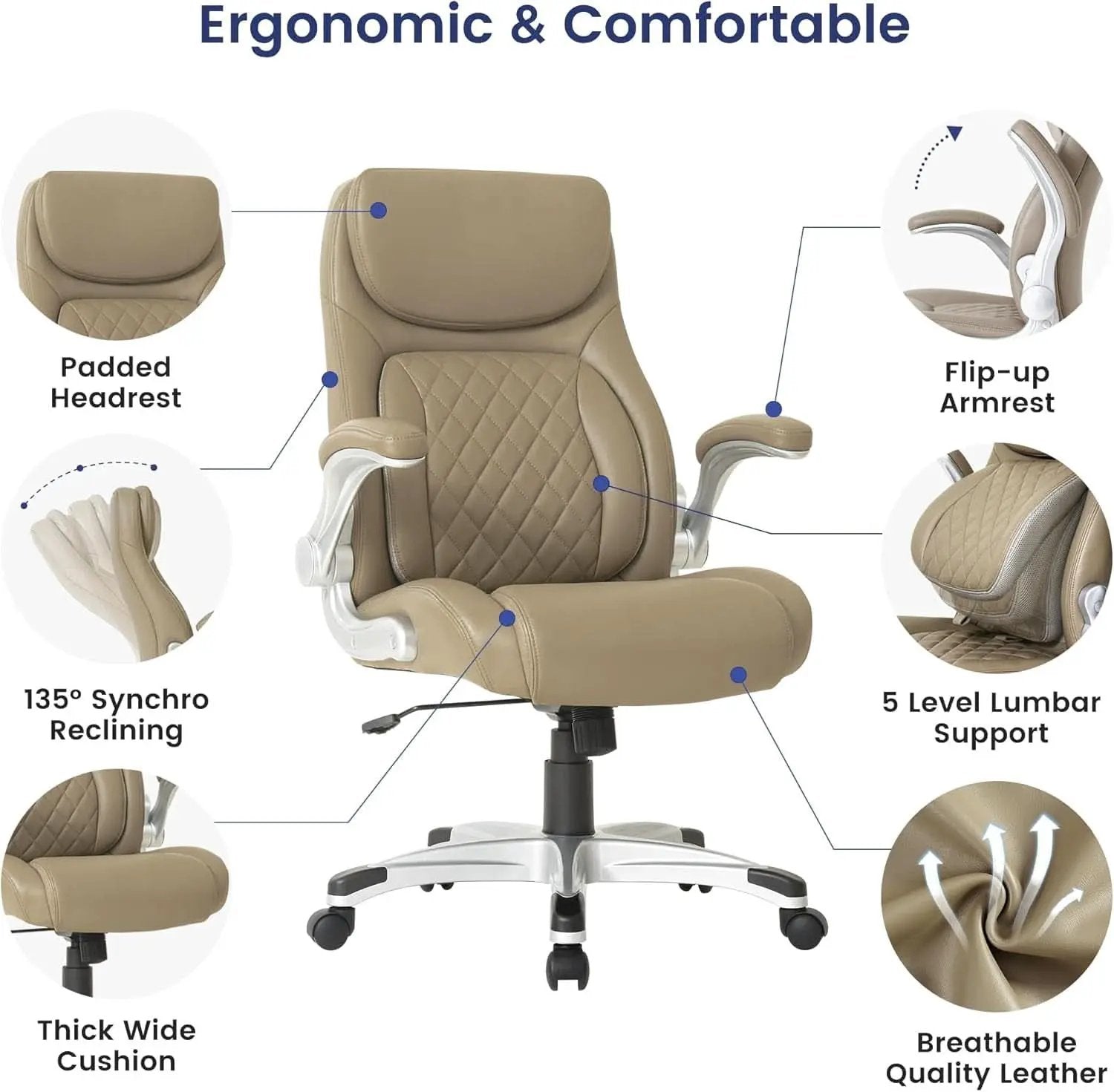 Ergonomic Office Chair Microfiber Leather With Adjustable Lumbar Support Taupe from PriceLows™