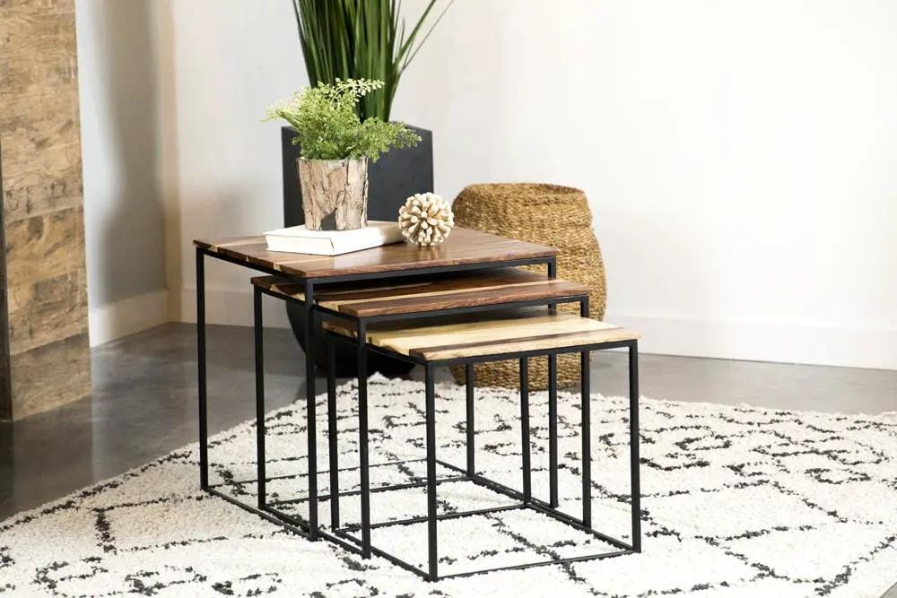 Belcourt 3-piece Square Nesting Tables Natural and | 3-Piece Set | Iron & Wood | Black