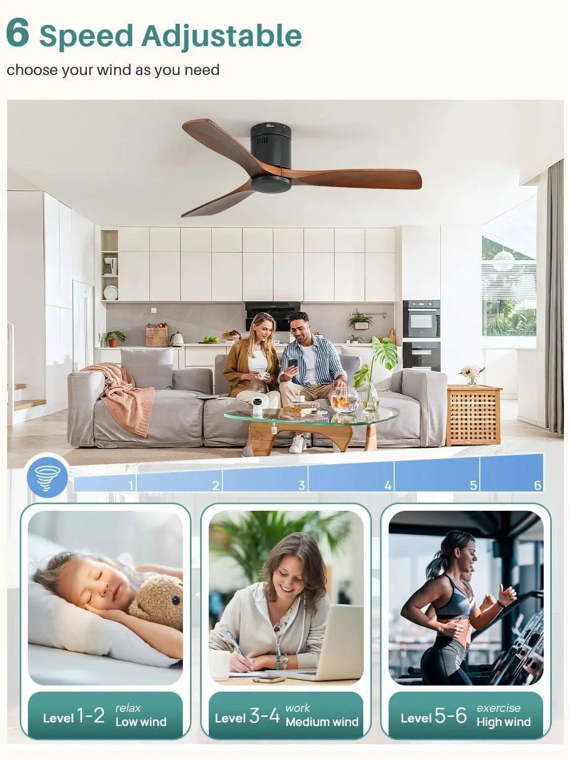 52 Inch Solid Wood Flush Mount Ceiling Fan With Remote from PriceLows™