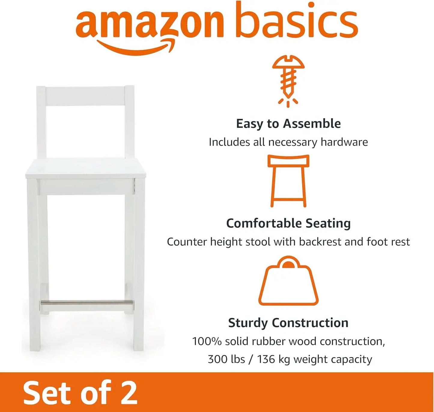 White Wooden Bar Stool With Backrest, Counter Height from PriceLows™