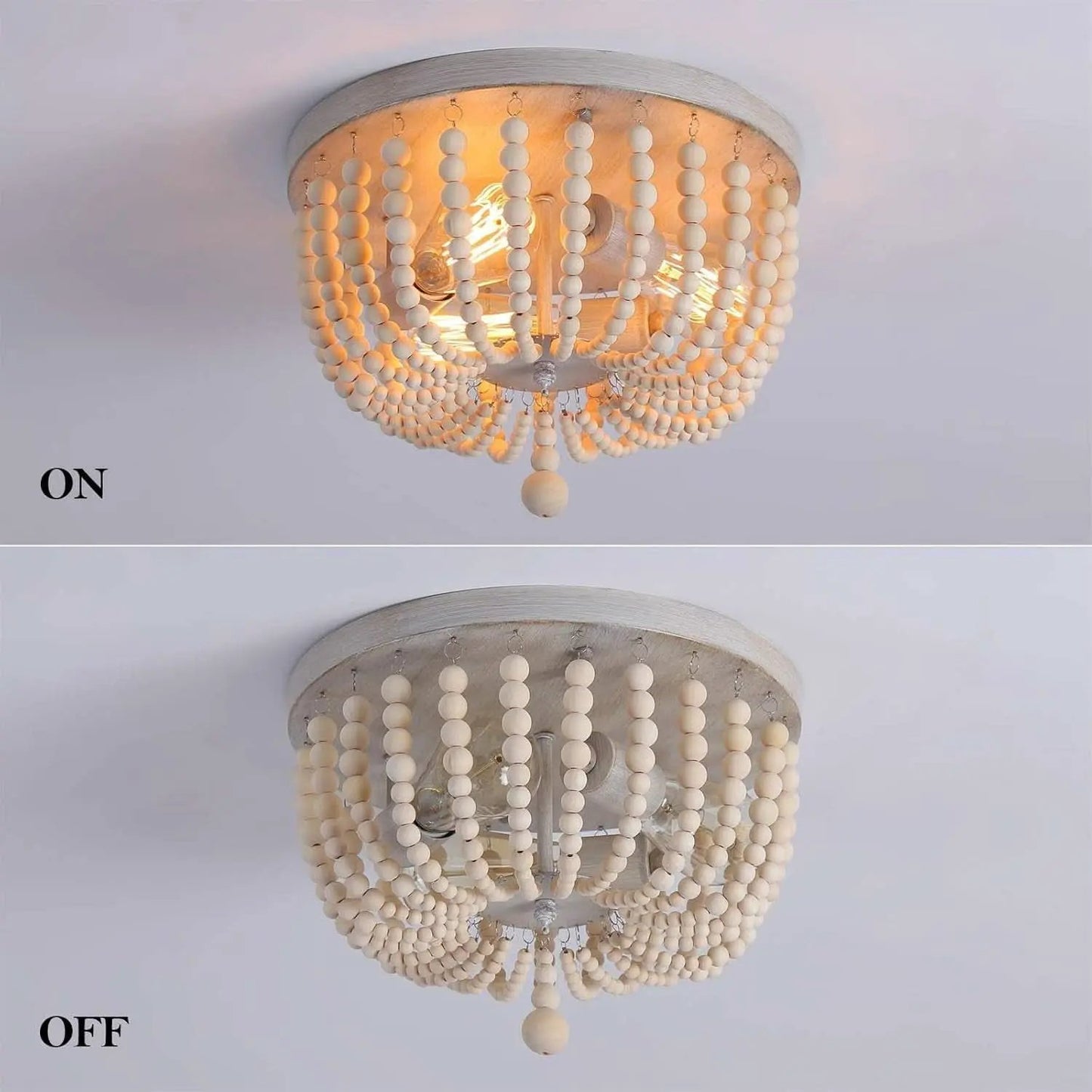 Wood Beaded Chandelier 3 Lights Oak White Ceiling Fixture from PriceLows™