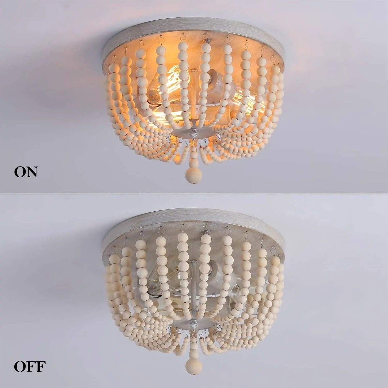 Wood Beaded Chandelier 3 Lights Oak White Ceiling Fixture from PriceLows™