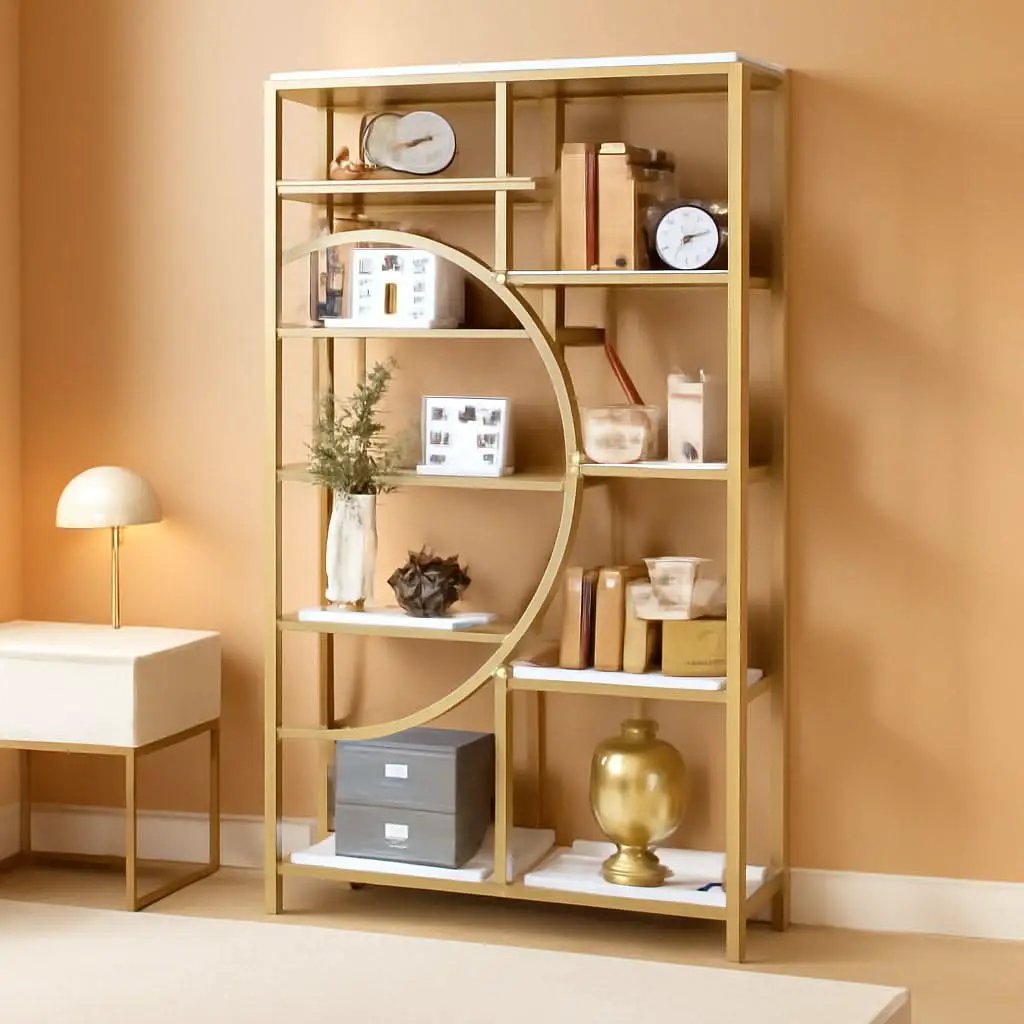 Industrial 5 Tier Etagere Bookcase Gold Frame Shelves from PriceLows™
