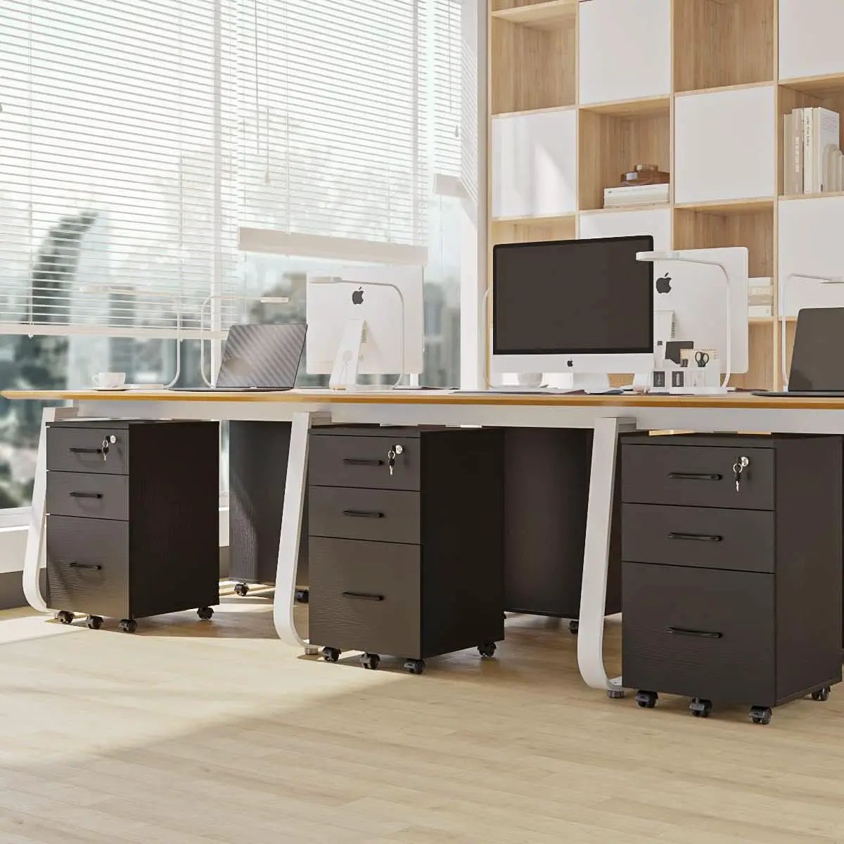 3 Drawer Wood Mobile File Cabinet With Wheels Black Under Desk Office Storage For Home Office Use from PriceLows™