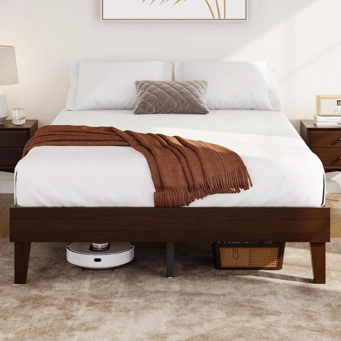 Queen Platform Bed Frame Dark Walnut Underbed Storage from PriceLows™
