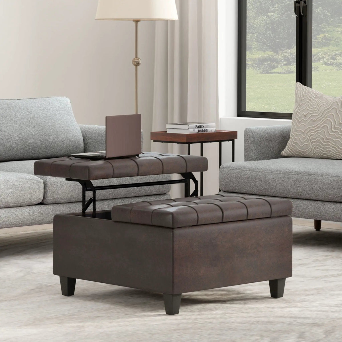 Coffee Table Storage Ottoman | Lift Top Hinge | Solid Wood Base | Large Square