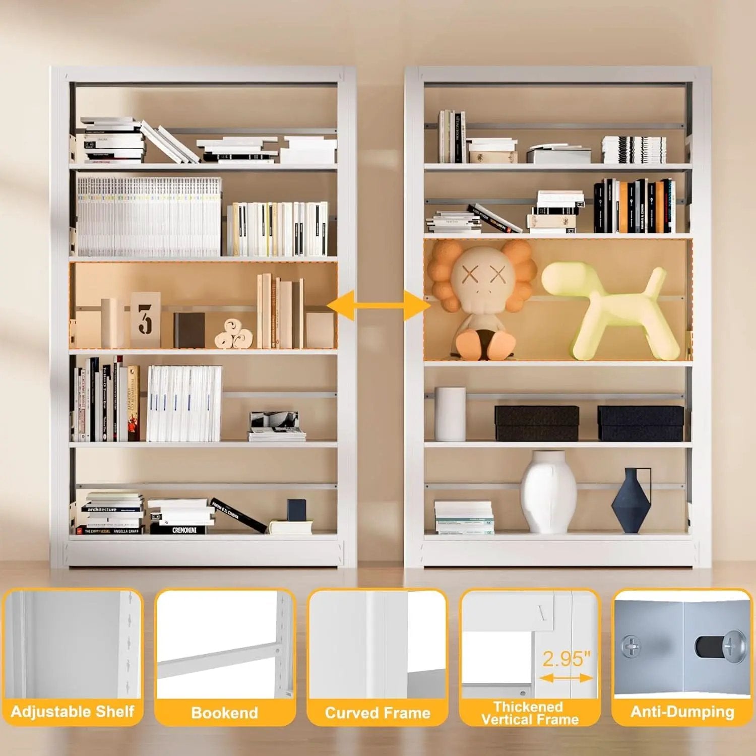 5-Tier White Metal Bookshelf With Adjustable Shelves from PriceLows™