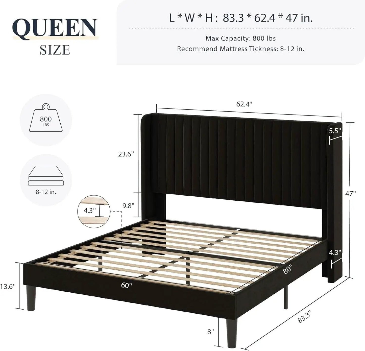 Queen Size Velvet Bed Frame With Wingback Headboard Storage from PriceLows™