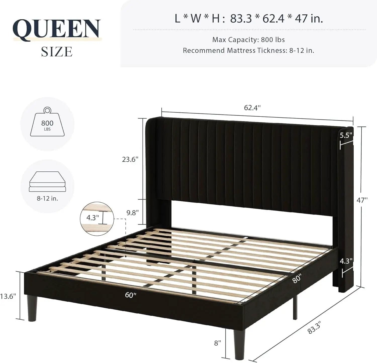 Queen Size Velvet Bed Frame With Wingback Headboard Storage from PriceLows™