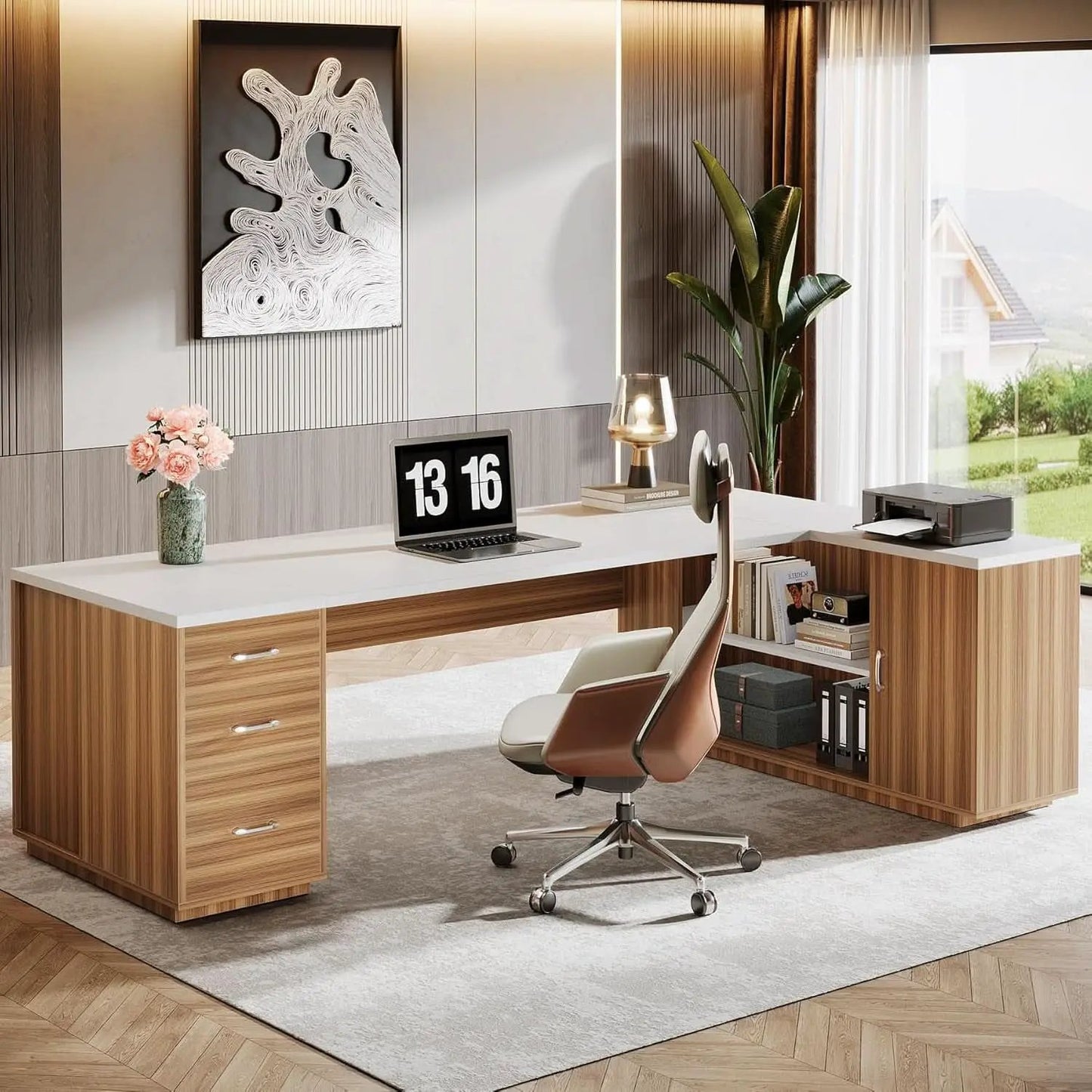 85 Point 8 Inch L-Shaped Executive Desk White Walnut Storage Cabinet from PriceLows™
