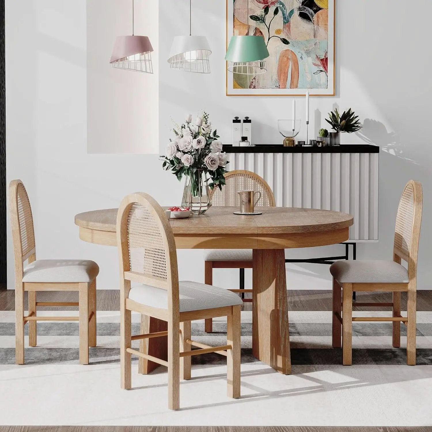 Retro Solid Wood Dining Set Natural Finish Extendable from PriceLows™