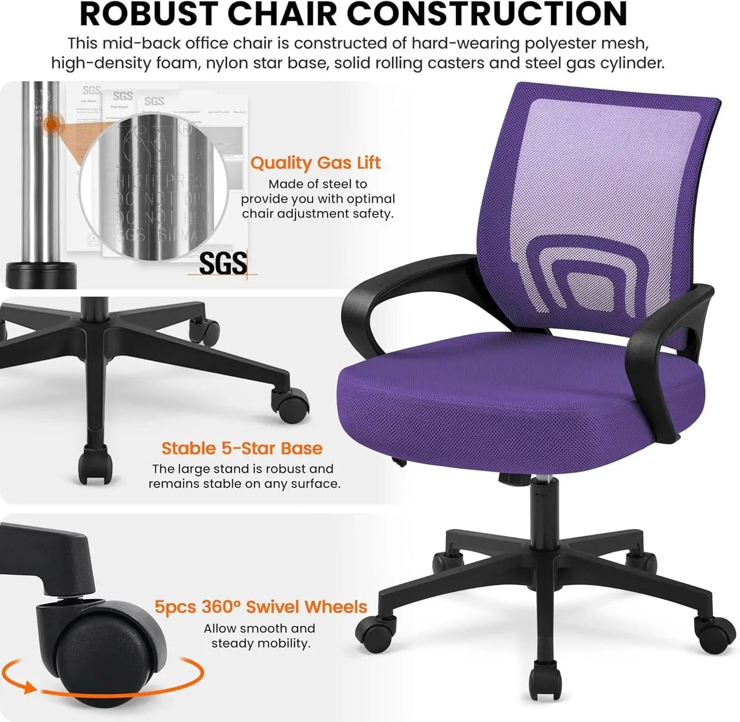 2Pcs Ergonomic Purple Mesh Desk Chairs With Lumbar Support For Long Workdays And Back Pain Relief from PriceLows™