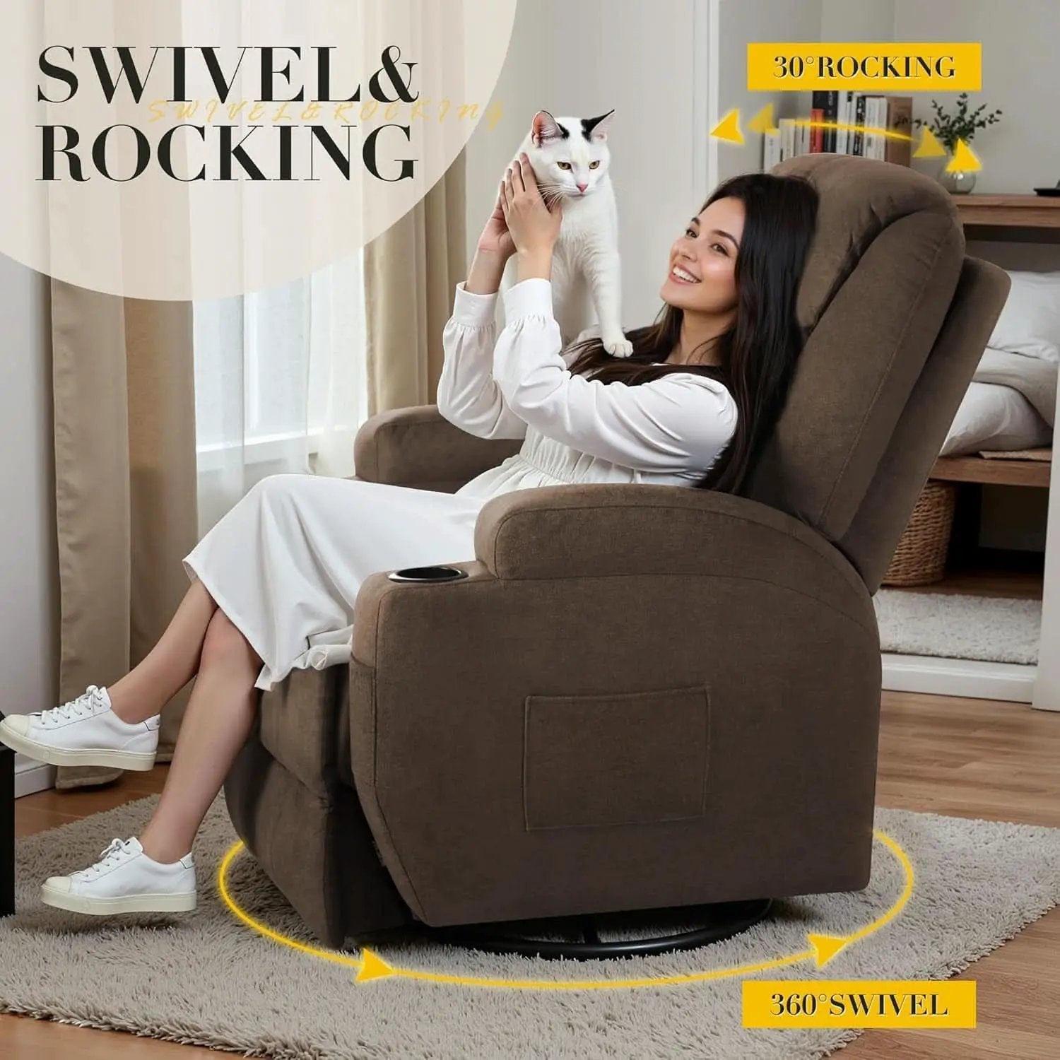 Brown Fabric Recliner Chair With 360 Swivel Massage from PriceLows™