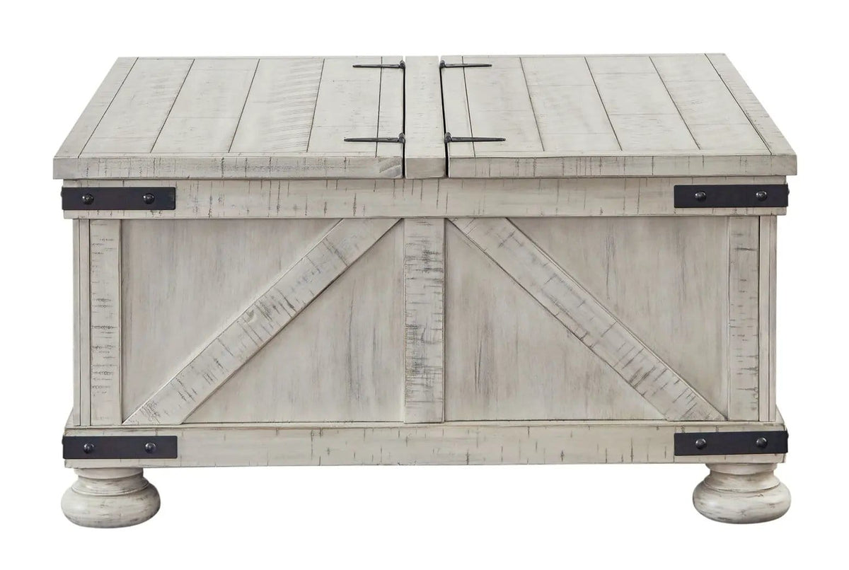 Carynhurst Cocktail Table with Storage | 36 x 36 x 18.25 in | Engineered Wood & Metal | Whitewash