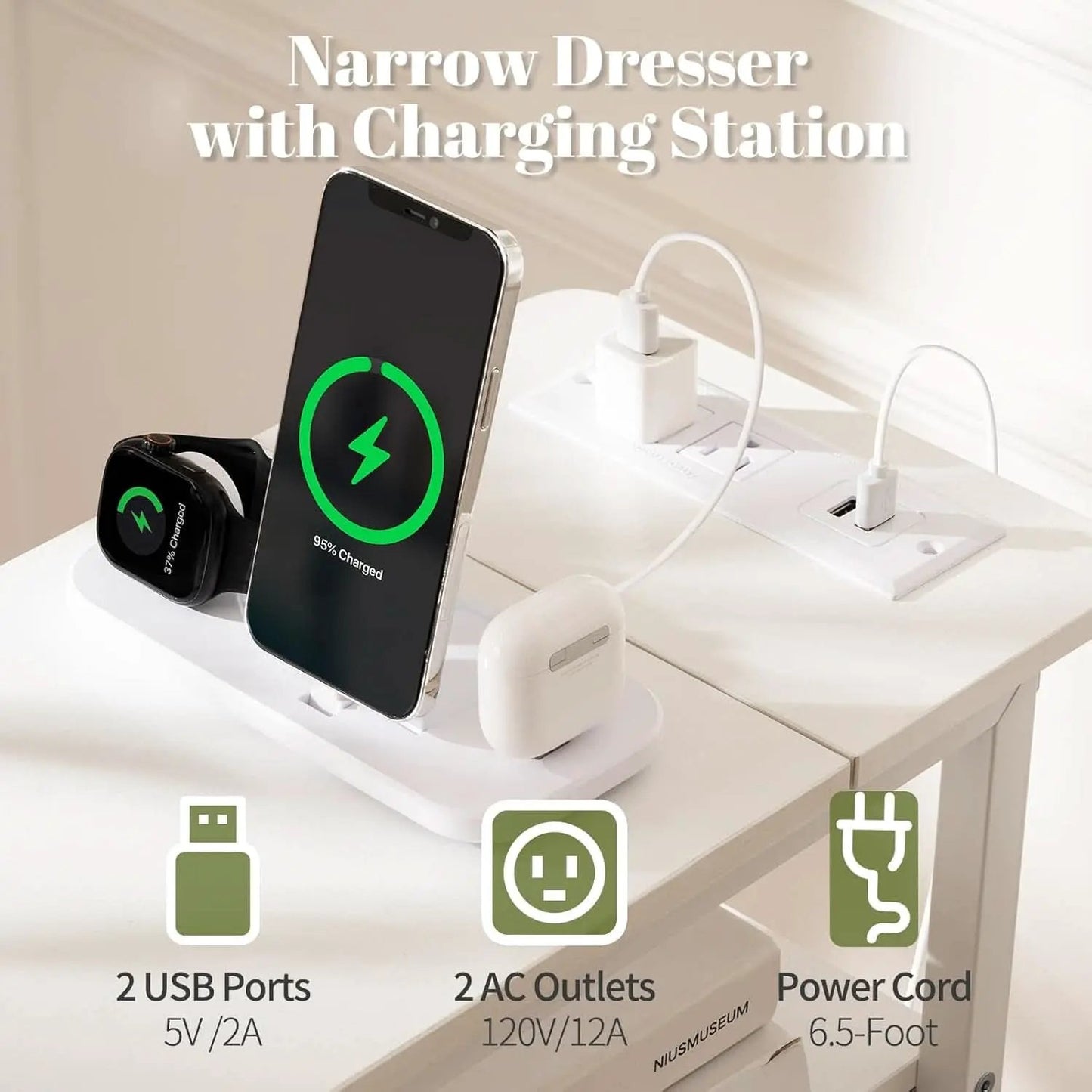 LED Narrow Nightstand With Wireless Charging White from PriceLows™