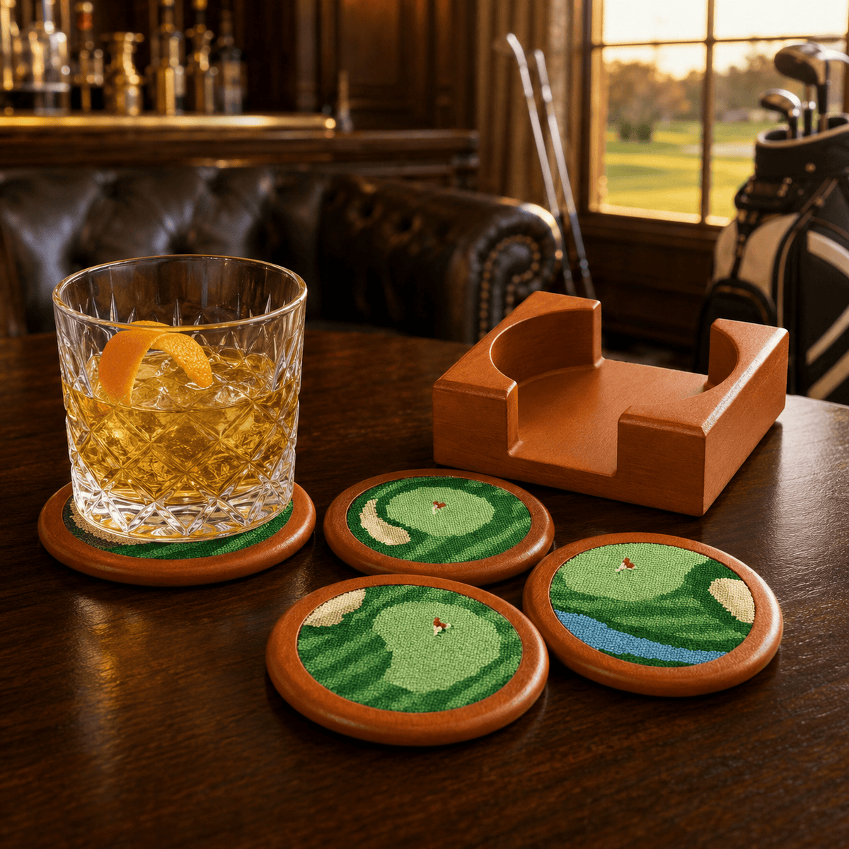 Golf Coasters, Durable Wooden Drink Coasters with Holder | Home Decor | Gift Ready