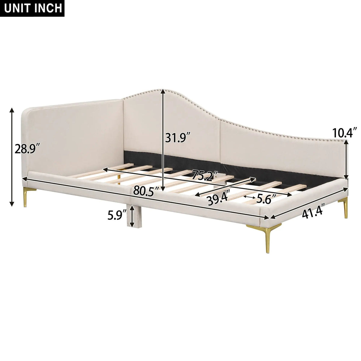 Upholstered Daybed | Headboard And Armrest | Support Legs | 80.5 Inch Length