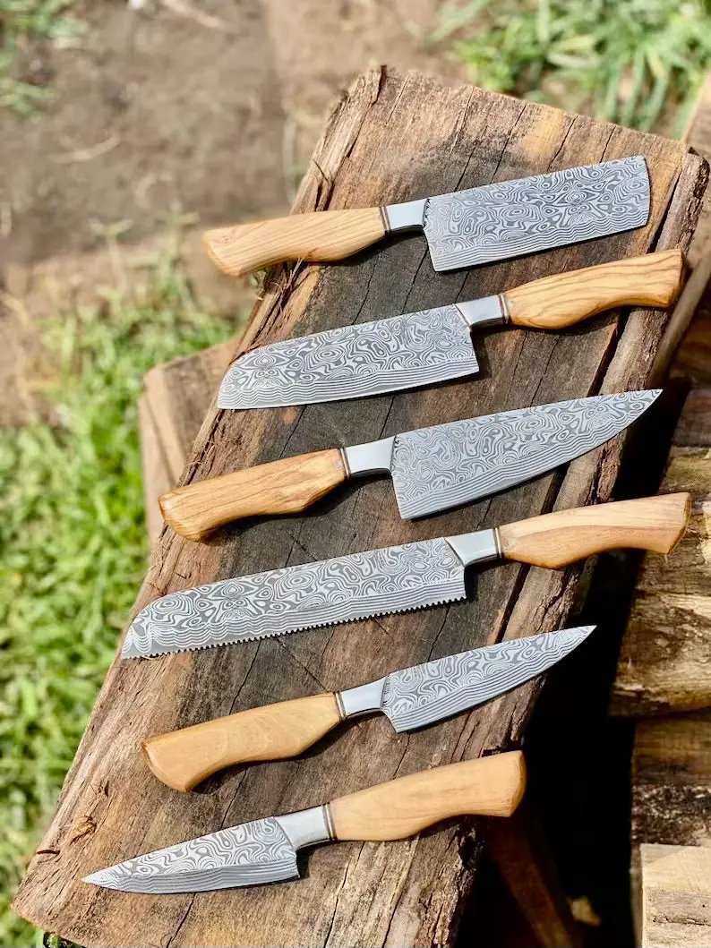 Sharp Kitchen Knife Set – 13" Damascus Steel Blade, Olivewood Handle & Leather Sheath from PriceLows™