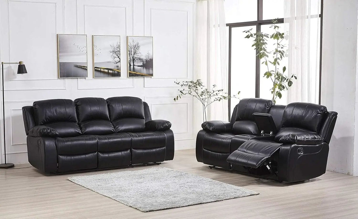 2Piece Bonded Leather Recliner Sofa And Loveseat Set Black 8018 With Pocket Coil Cushions from PriceLows™