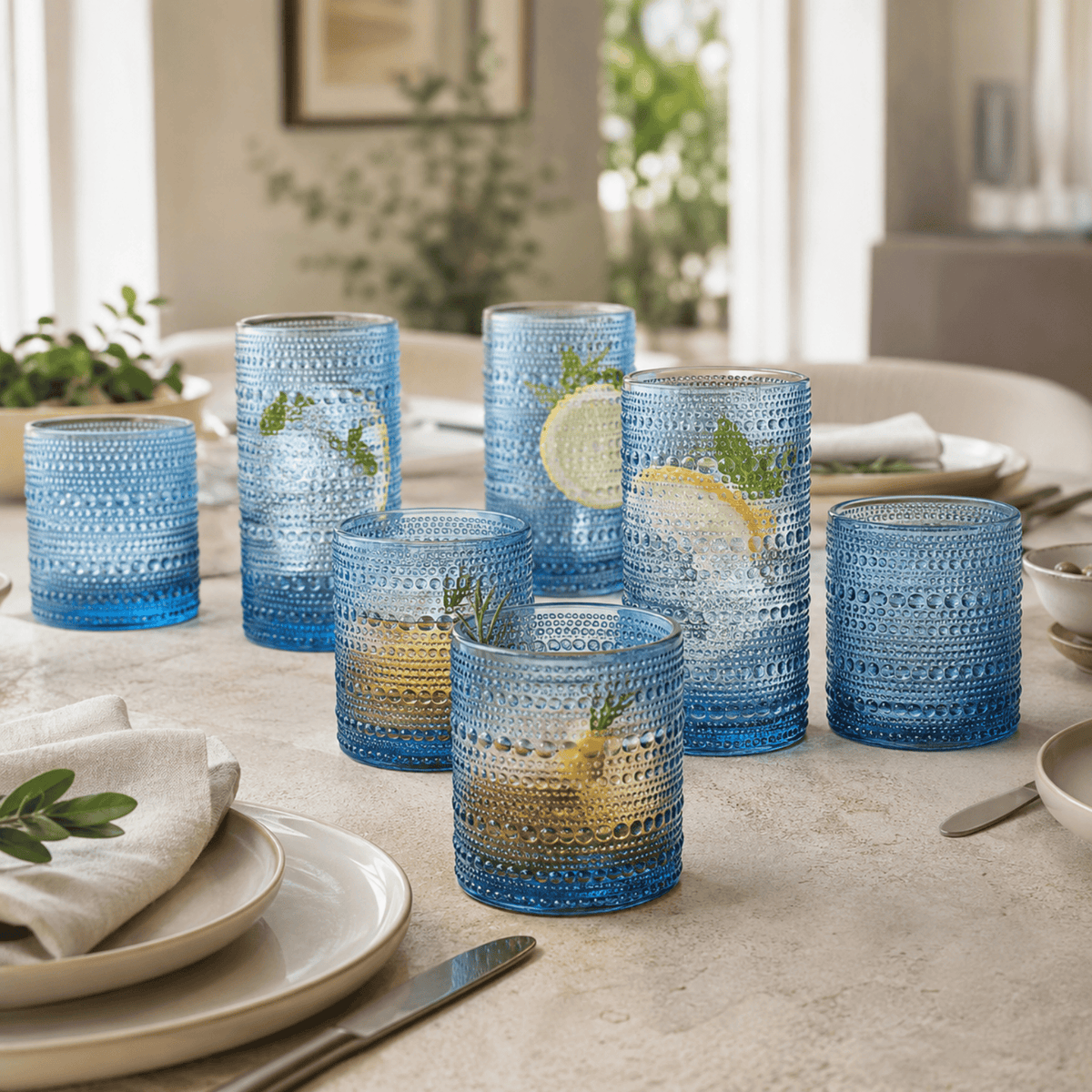 Textured Hobnail Lowball & Highball Glassware | 11 oz | Set of 12 | Highball & Lowball
