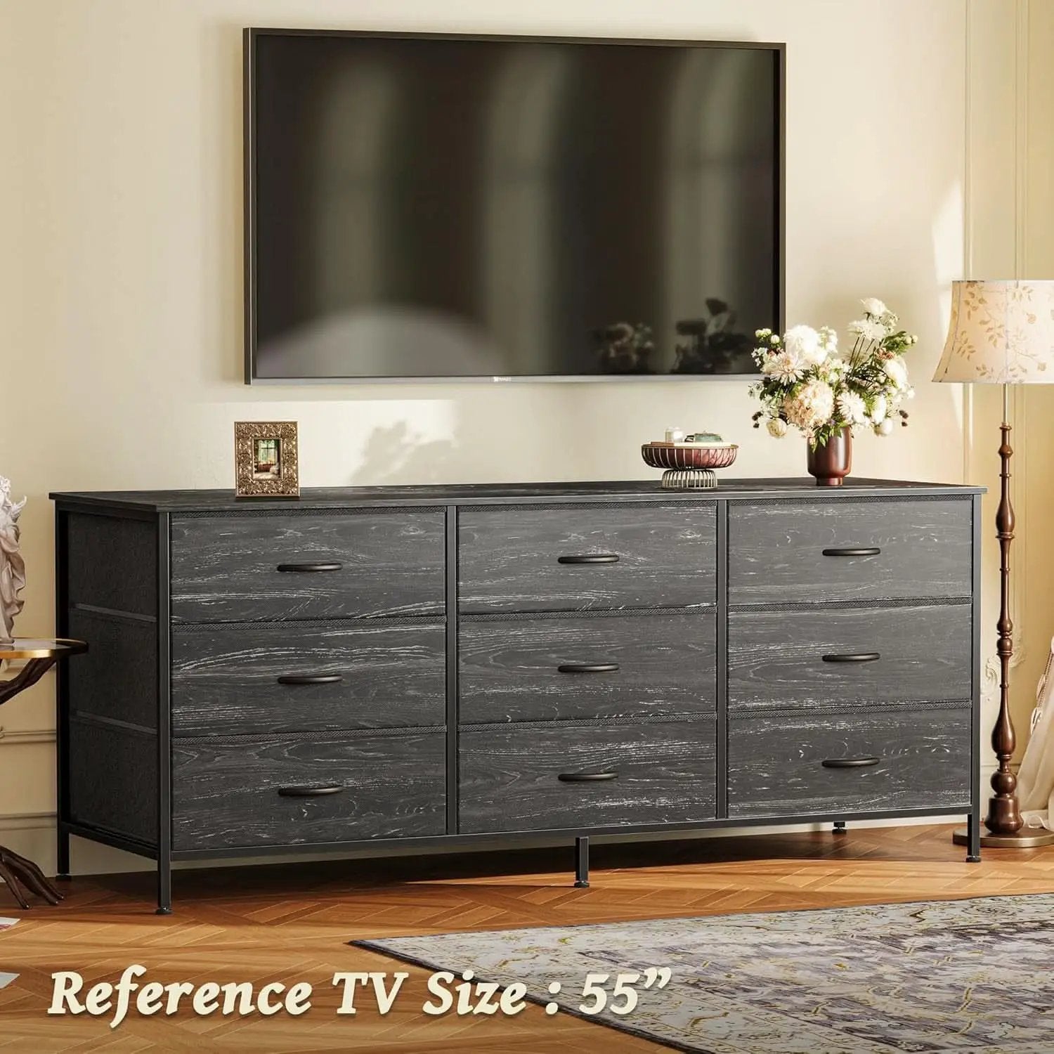 9 Drawer Dresser TV Stand 55 Inch Charcoal Black Wood Grain from PriceLows™