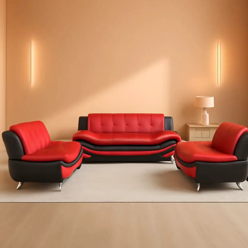 Living Room Sofa Set 3-Piece Faux Leather Black Red from PriceLows™