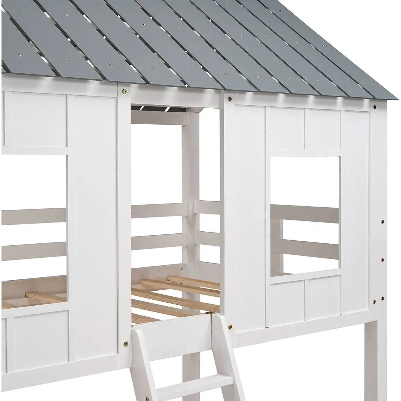 Twin House Bunk Bed With Playhouse White And Gray Finish from PriceLows™