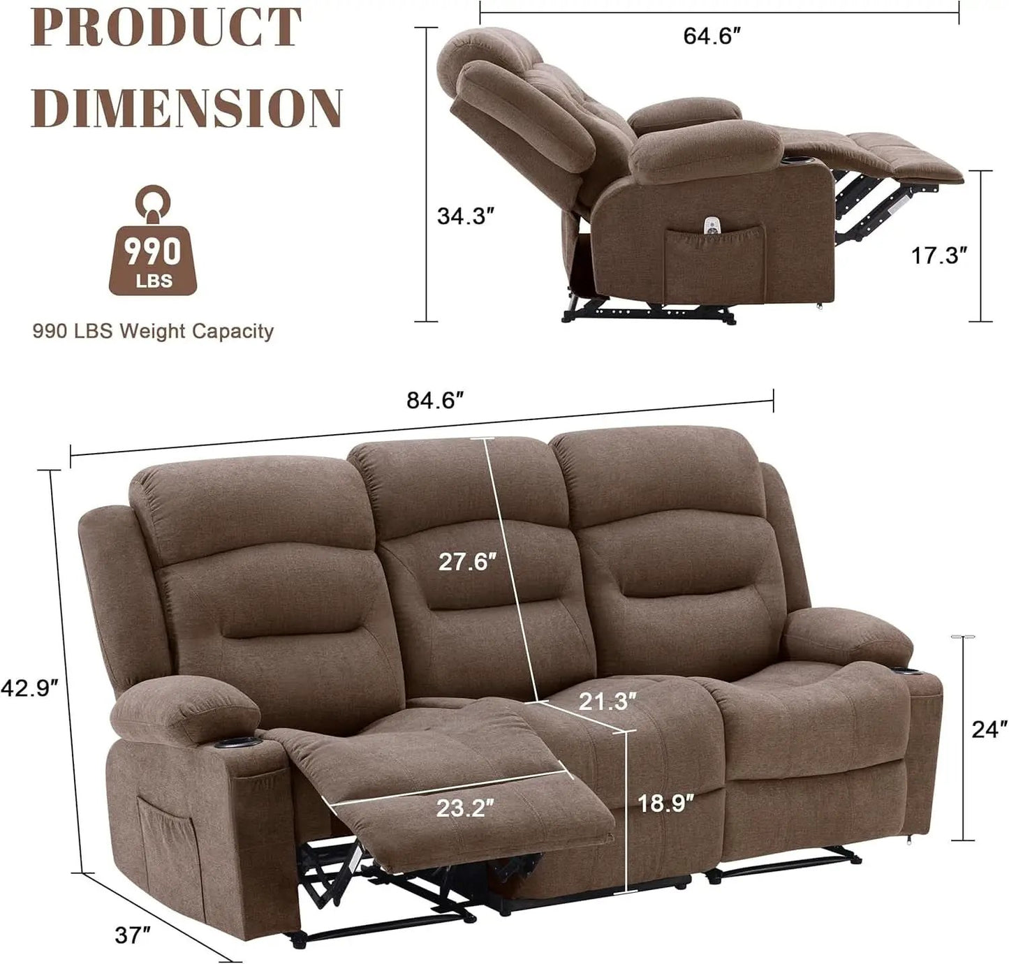 Brown Fabric Recliner Sofa With Heated Massage USB Port from PriceLows™