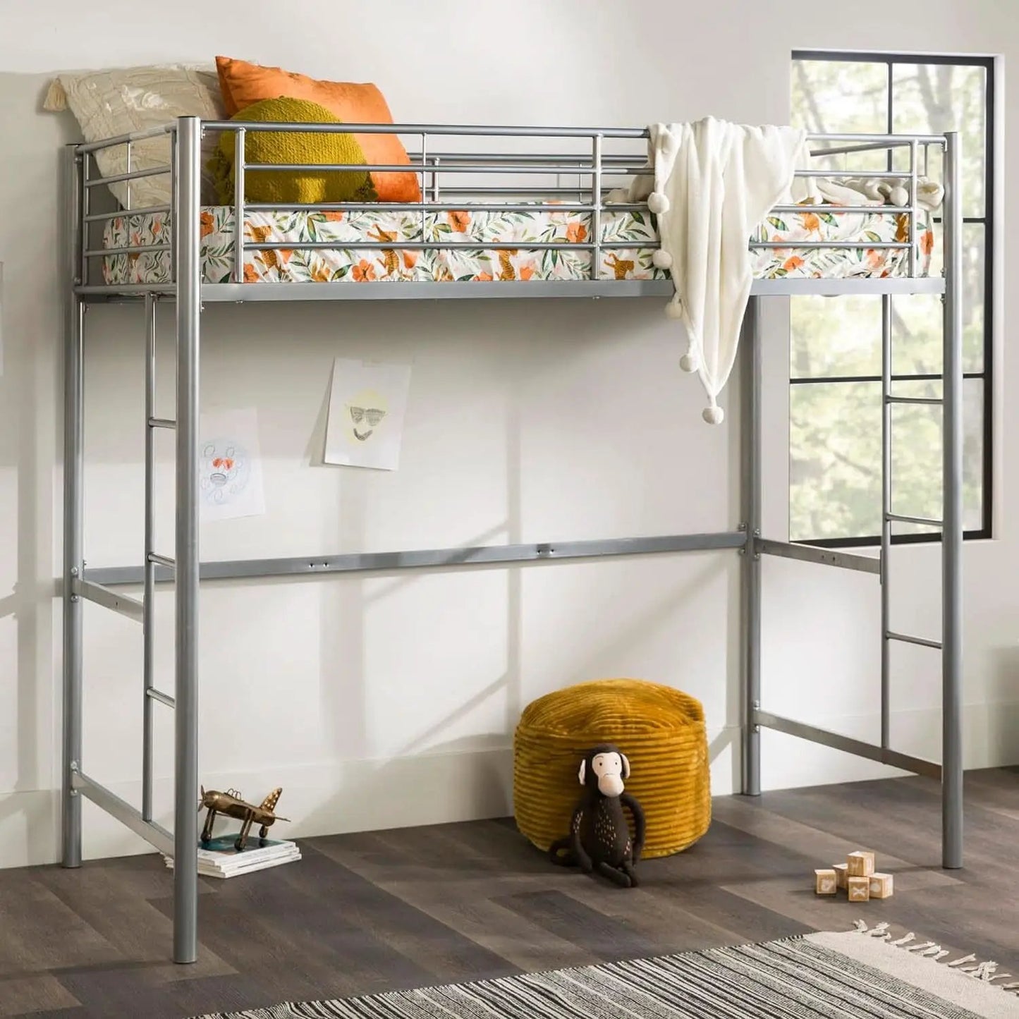 Silver Metal Industrial Twin Over Loft Bunk Bed With Ladder from PriceLows™