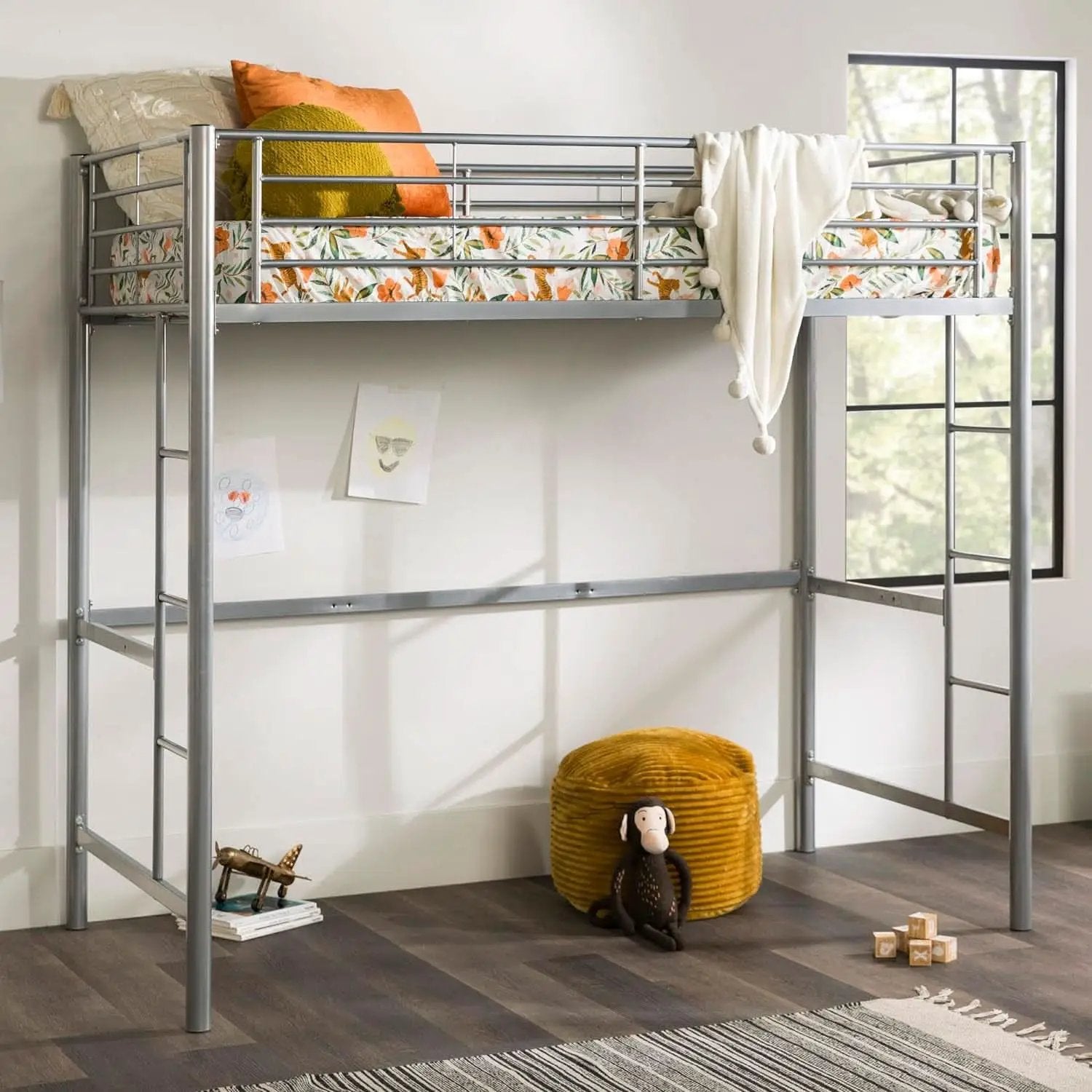 Silver Metal Industrial Twin Over Loft Bunk Bed With Ladder from PriceLows™