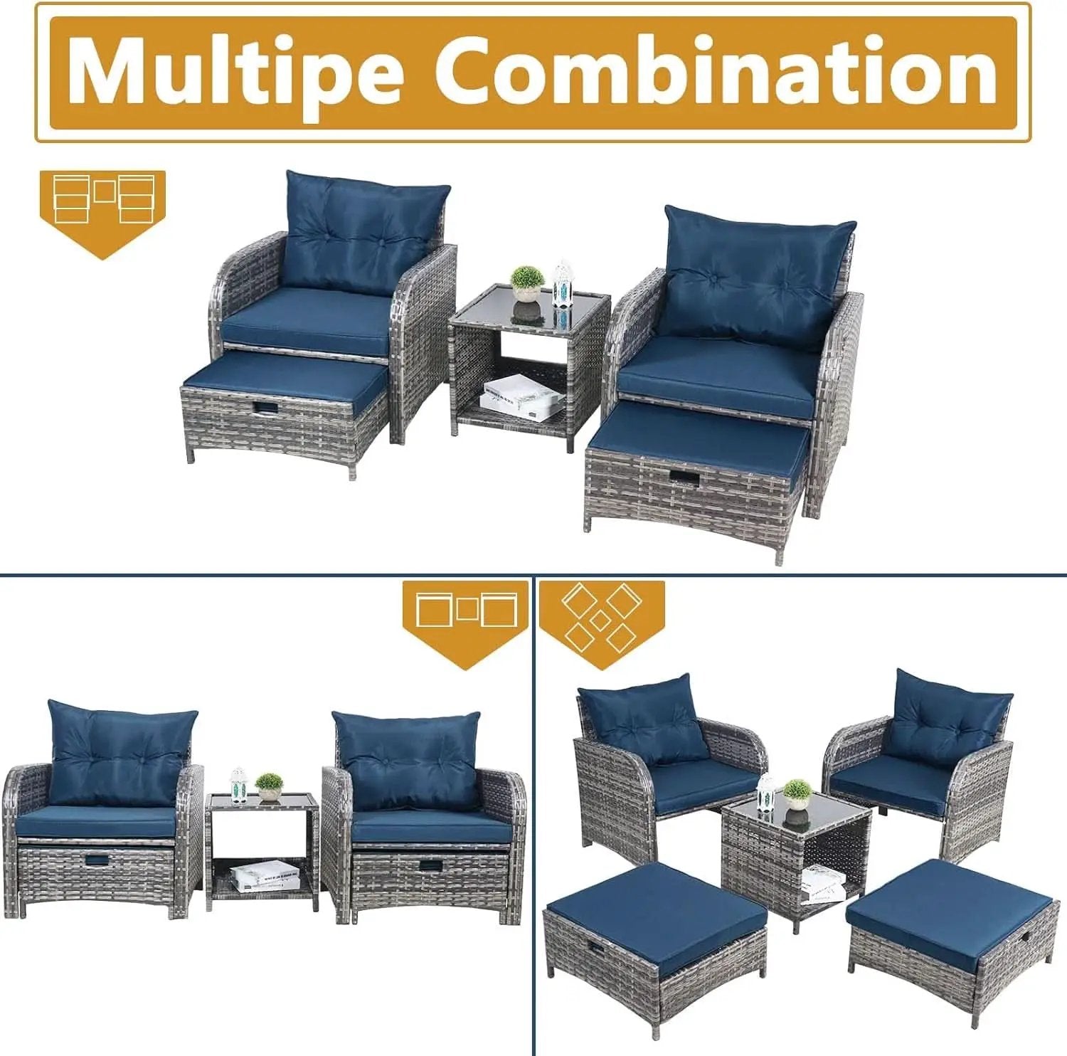 5 Pieces Wicker Outdoor Patio Chairs Set With Ottoman Blue from PriceLows™