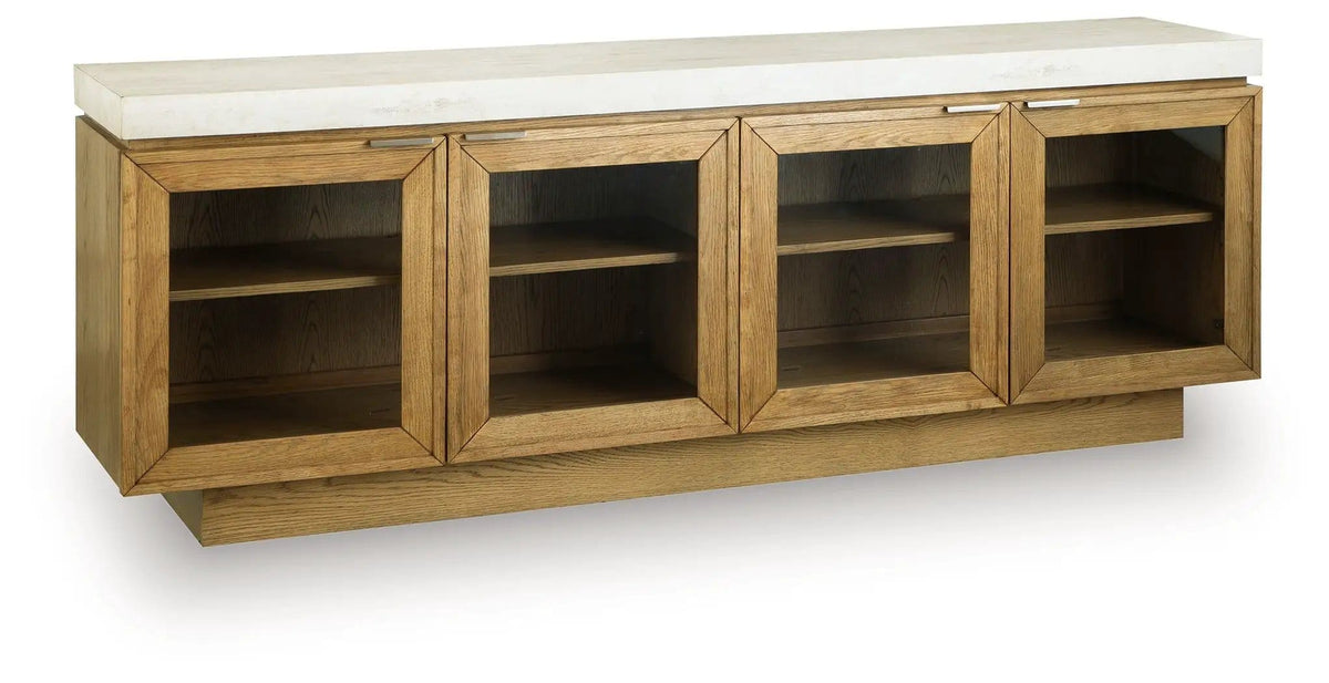 Adanworth Accent Cabinet | 80.13 x 17.13 x 30.13 in | Oak Veneer & Glass | Light Brown / Gray