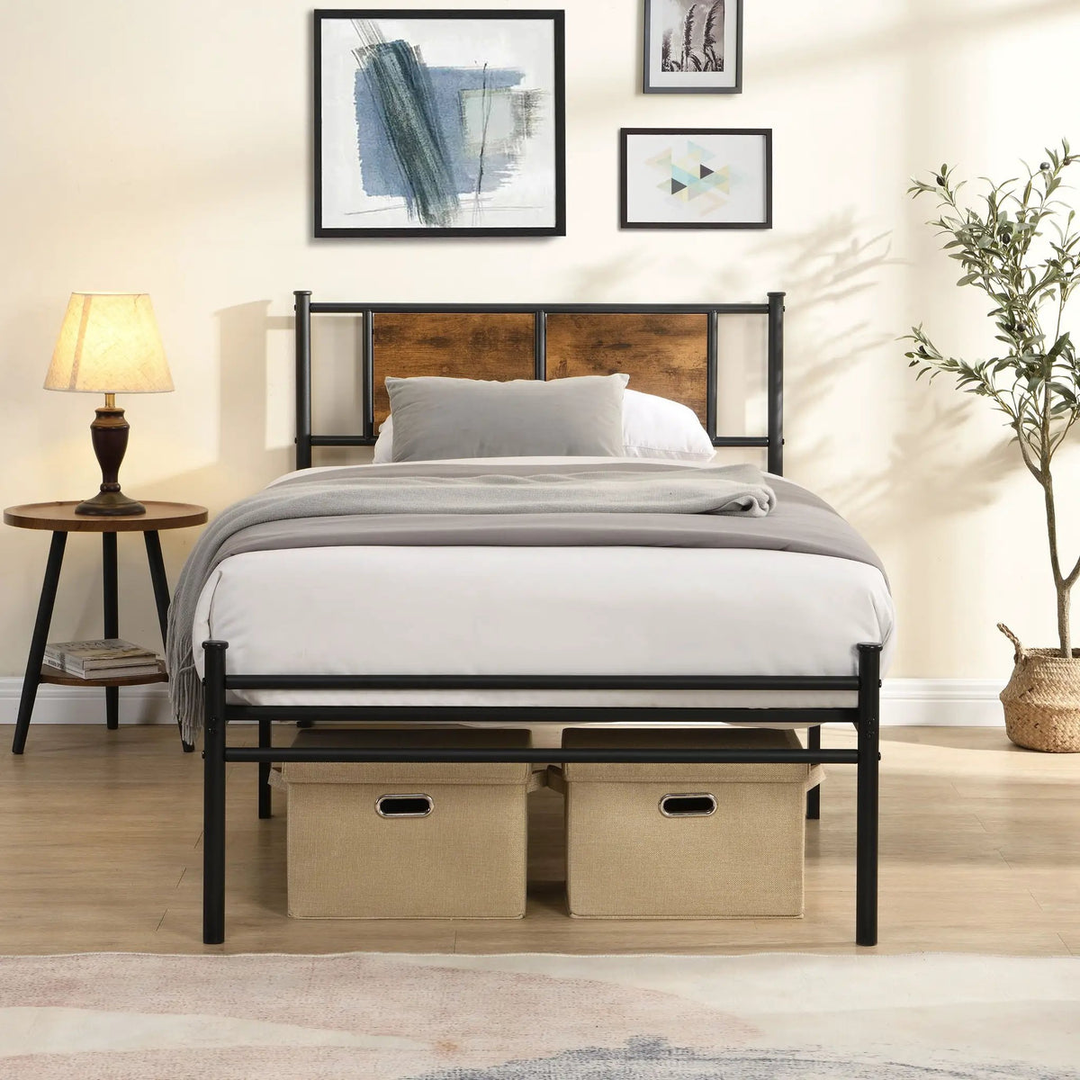 Modern Metal Bed Frame | Wood Panel Headboard | 10.8 Inch Under Bed Storage | Steel Structure
