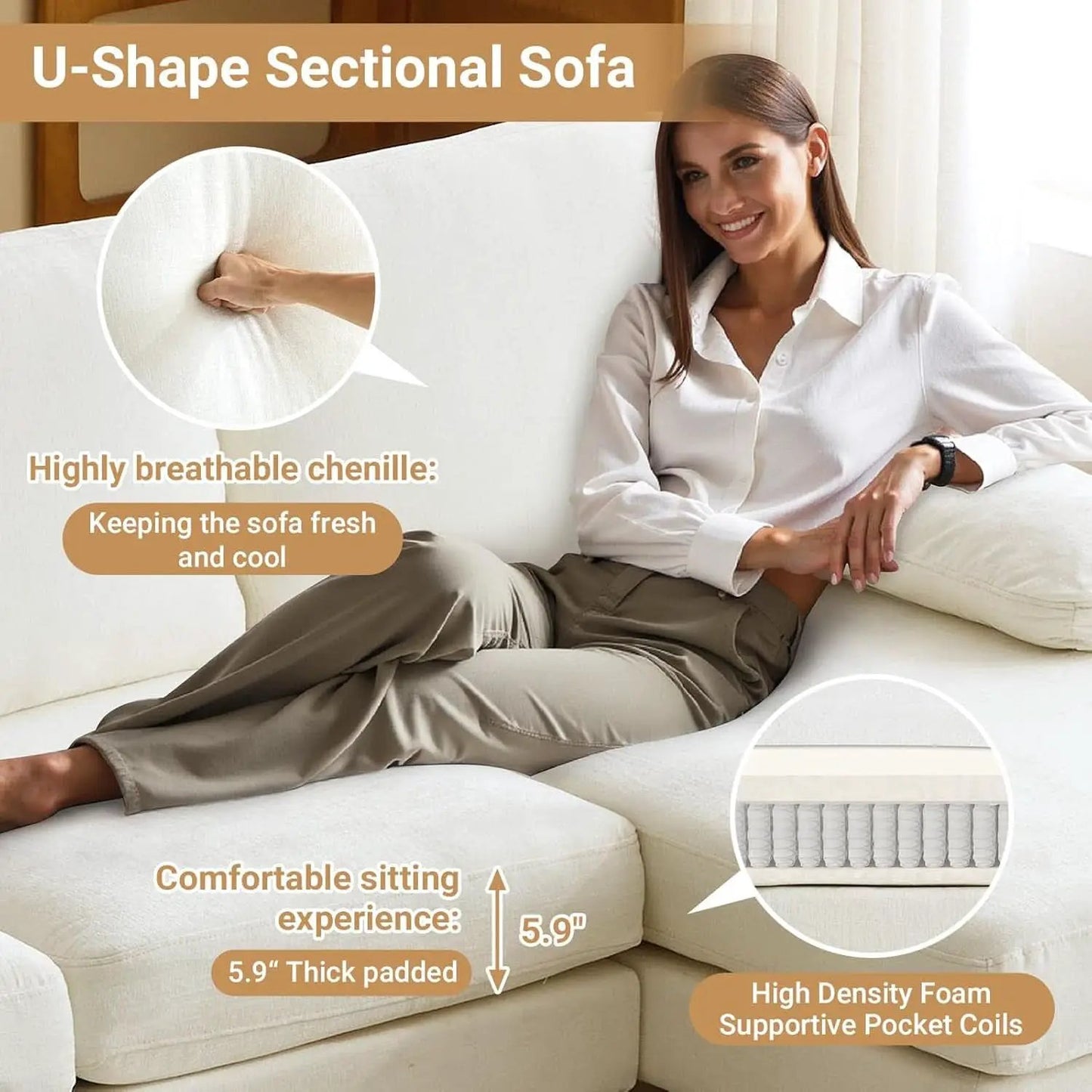 110 Inch Beige U Shaped Sectional Sofa For Living Room With Double Chaise And Comfortable Seating For Gatherings from PriceLows™