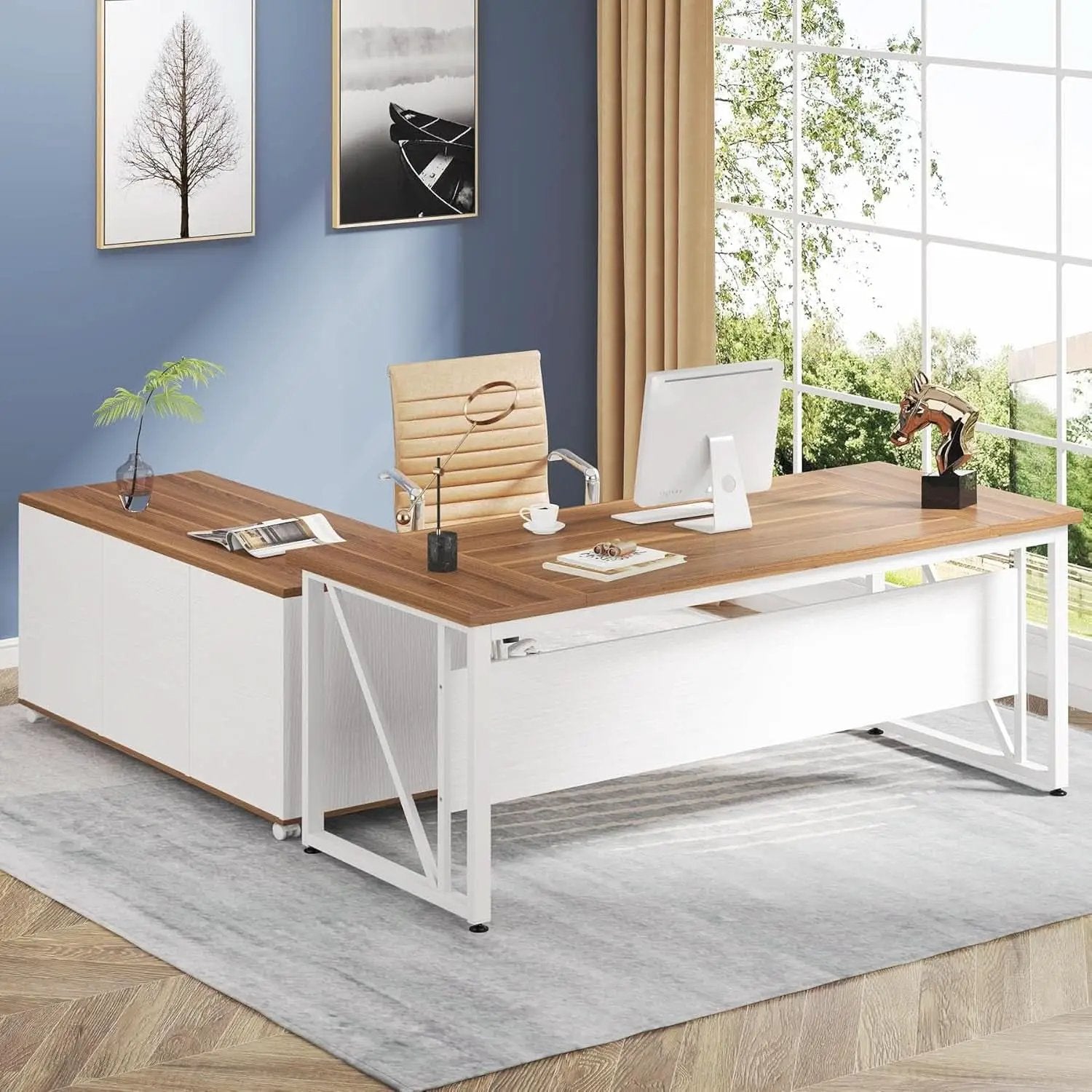 63 Inch L Desk With File Cabinet Walnut White Finish from PriceLows™