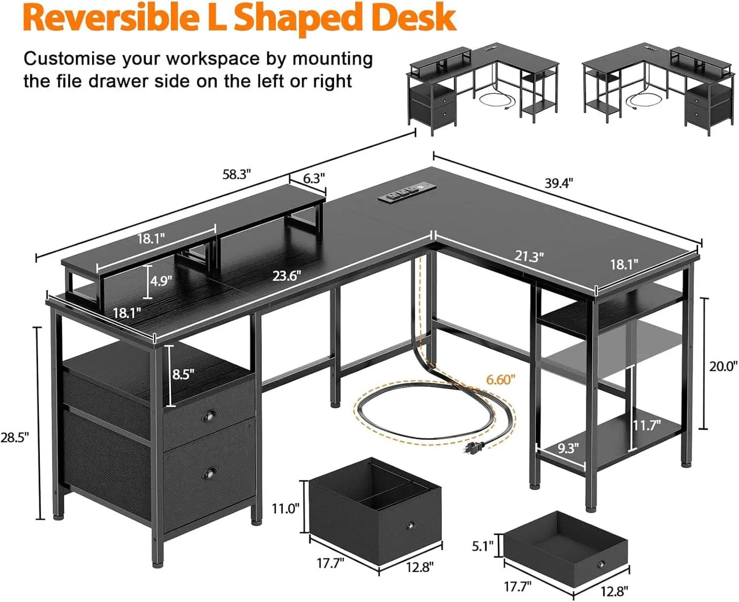 Fifty Nine Inch L Shaped Desk With Black Storage Drawers Unit from PriceLows™
