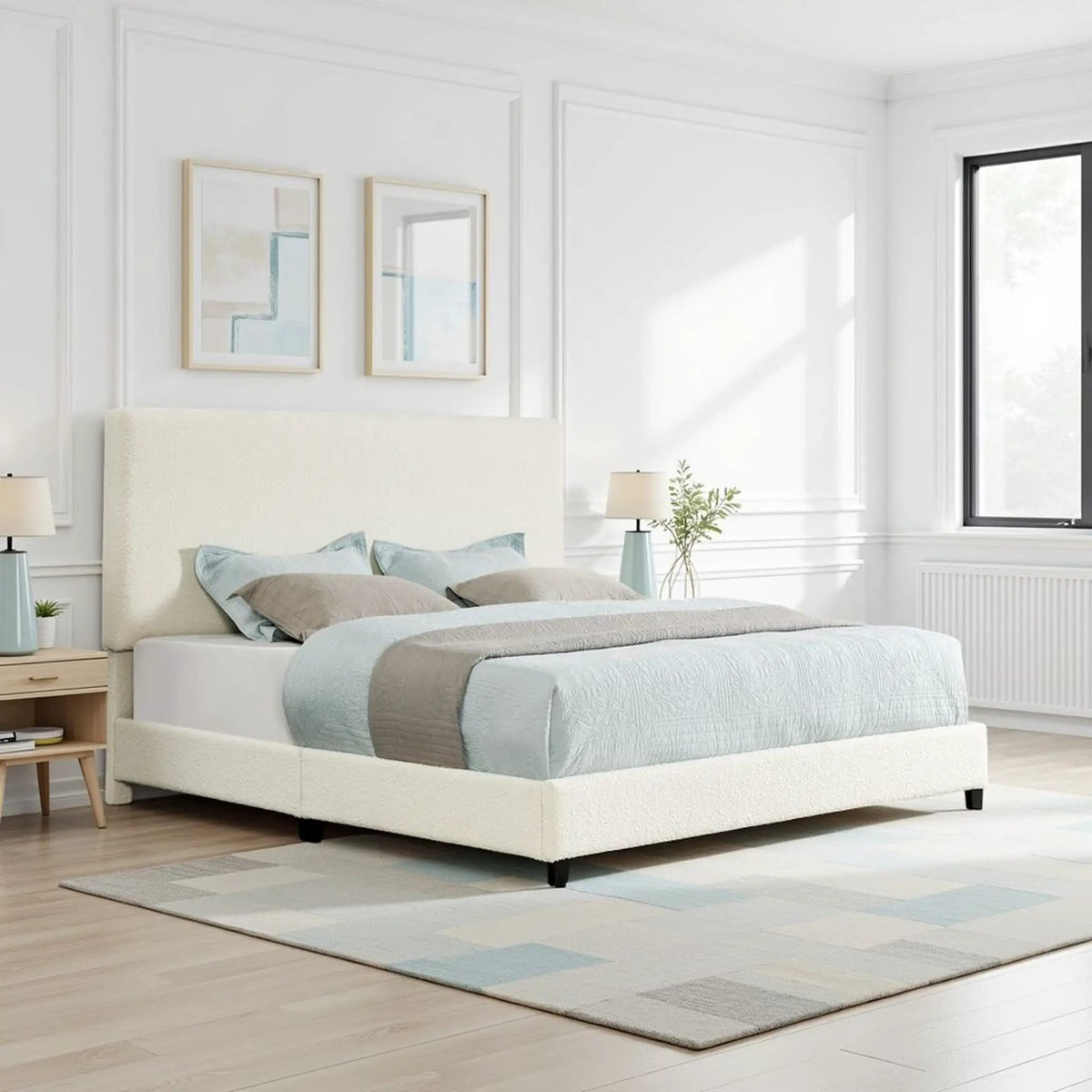 Platform Bed | Upholstered Headboard | Laminated Veneer Lumber | CNC-Cut Plywood Frame