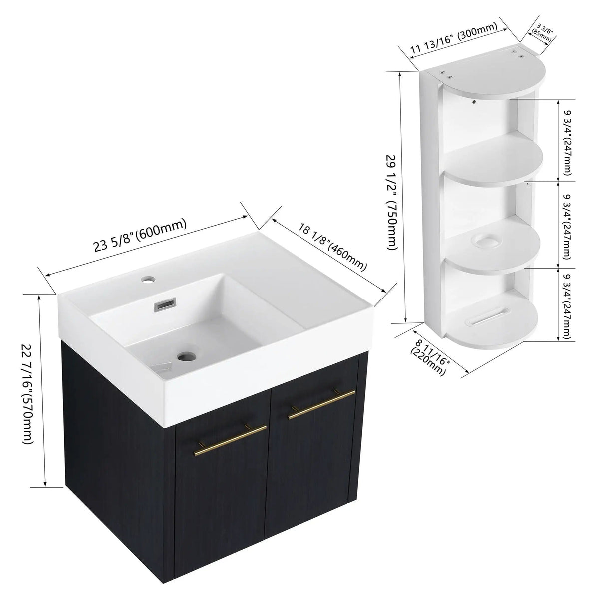 Modern Wall Mounted Bathroom Vanity With Thick Edge Resin Sink And Storage Rack | 3 Pieces | Stainless Steel & Plywood | Bathroom