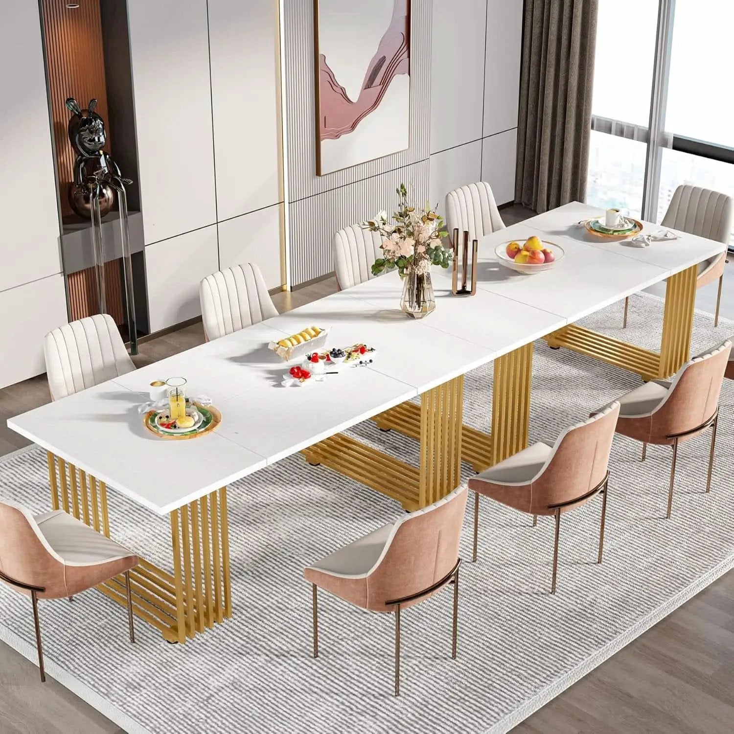 White Gold Wood Dining Table 70 Inch Rectangular For Dining Room from PriceLows™