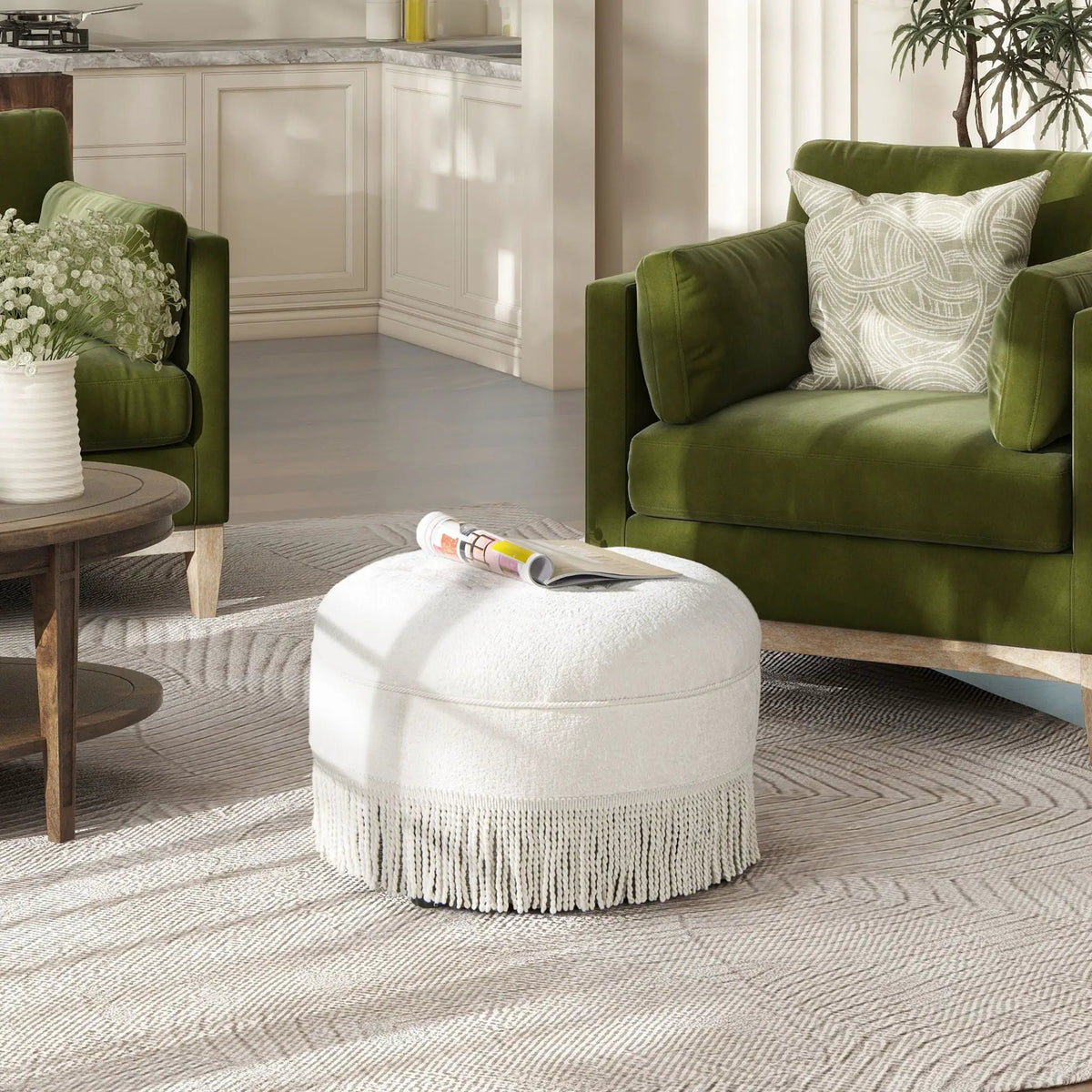 Yolanda Round Accent Ottoman | Almond White | Handcrafted Quality | Kiln-Dried Hardwood Frame