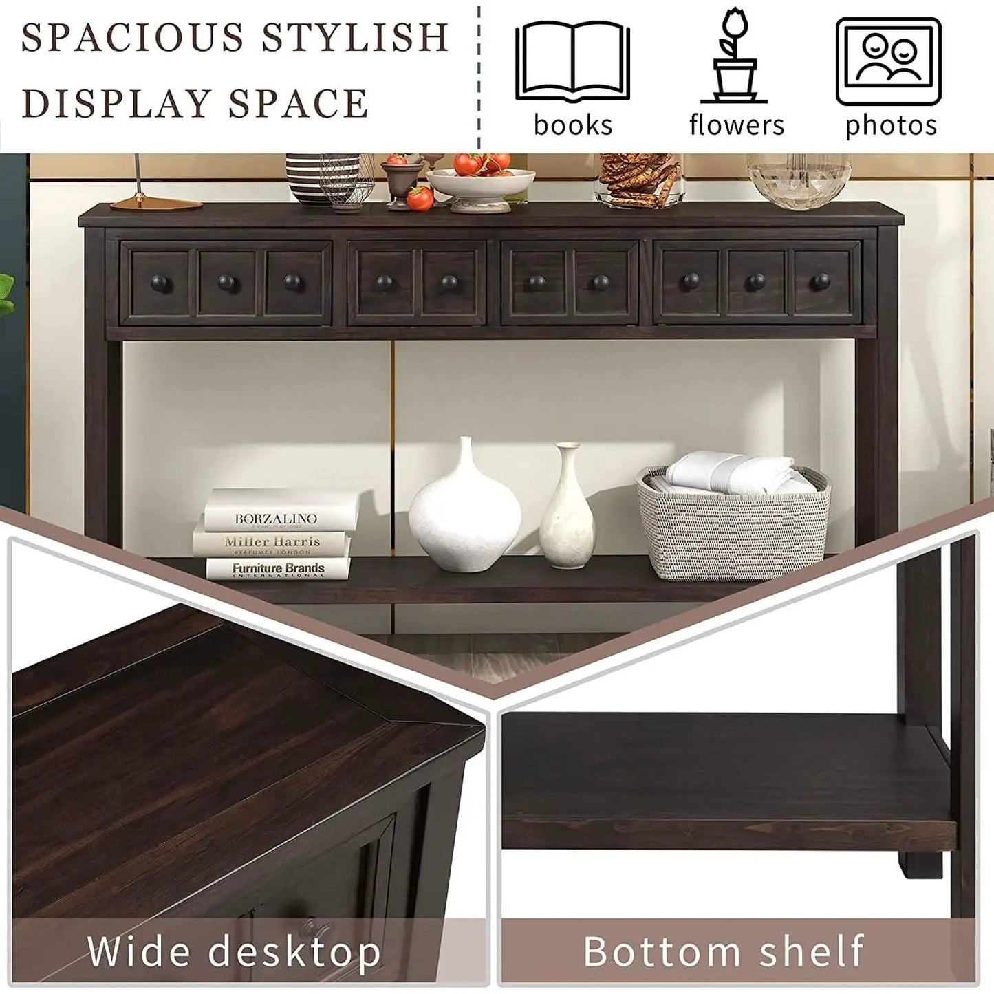 Rustic 60 Inch Console Table With Drawers And Shelf from PriceLows™