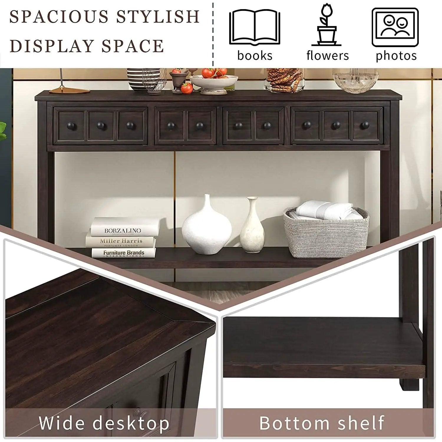 Rustic 60 Inch Console Table With Drawers And Shelf from PriceLows™