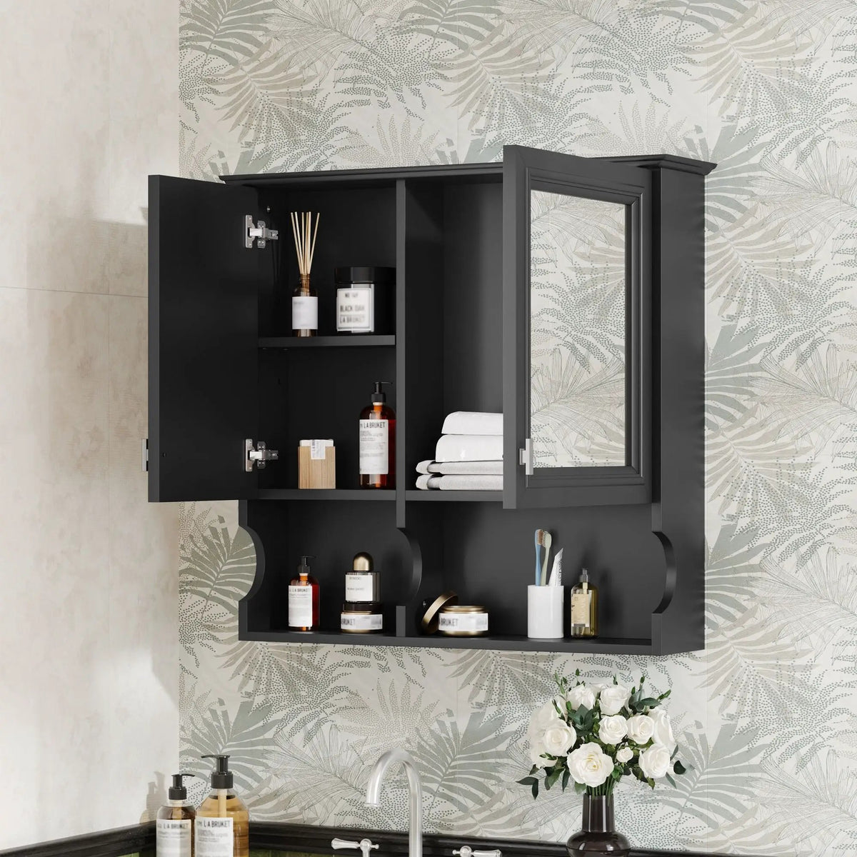Wall Mounted Mirror Medicine Cabinet | 30 Inch Width | Doors And Open Shelves | Adjustable Shelf