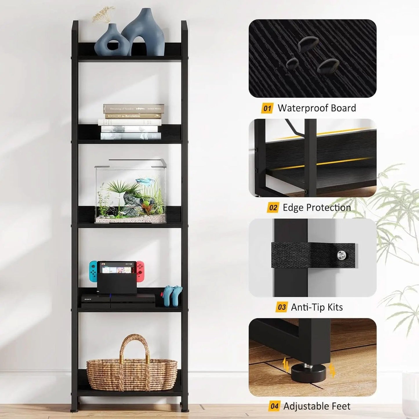 5 Tier Narrow Bookshelf With Edge Protection Bookcase from PriceLows™