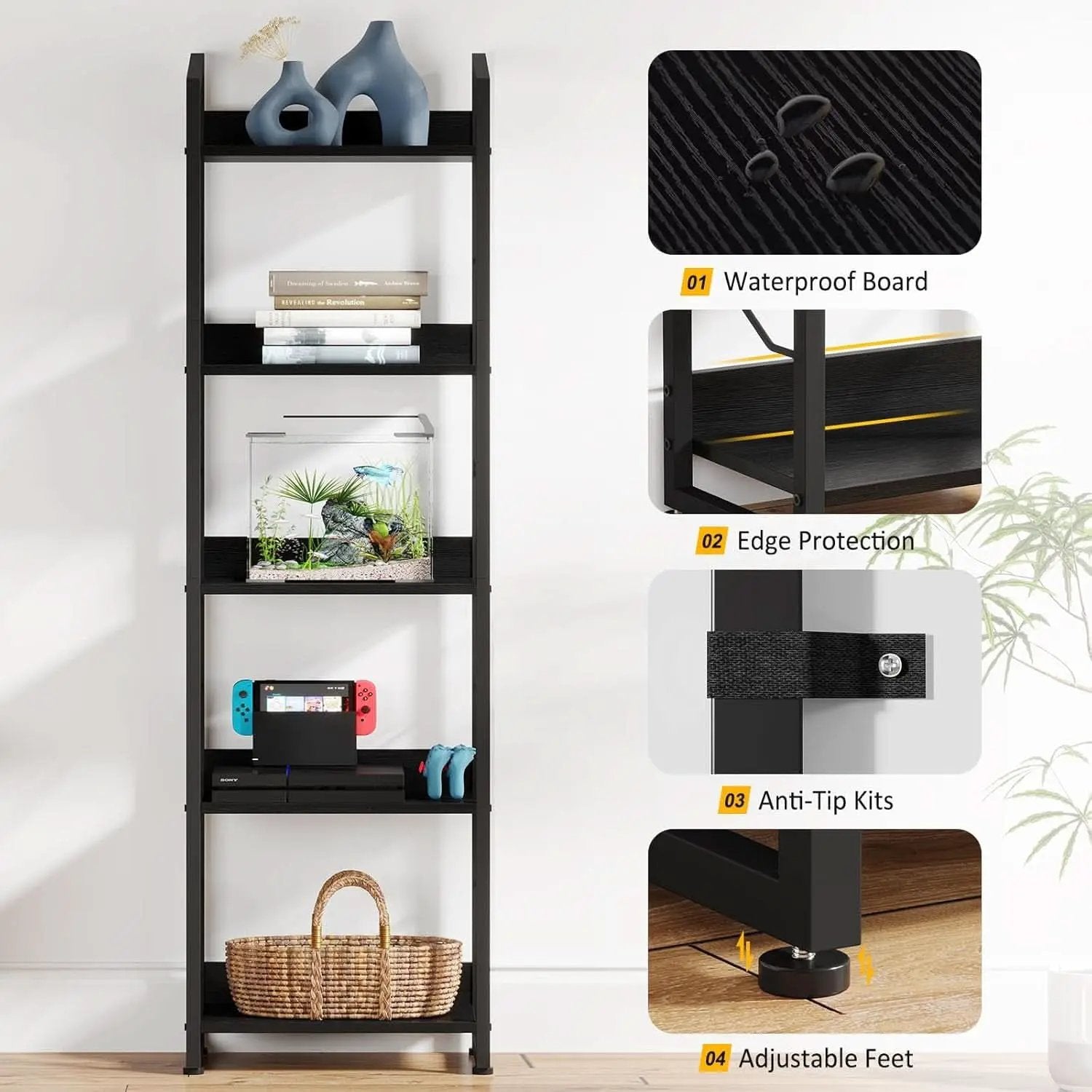 5 Tier Narrow Bookshelf With Edge Protection Bookcase from PriceLows™