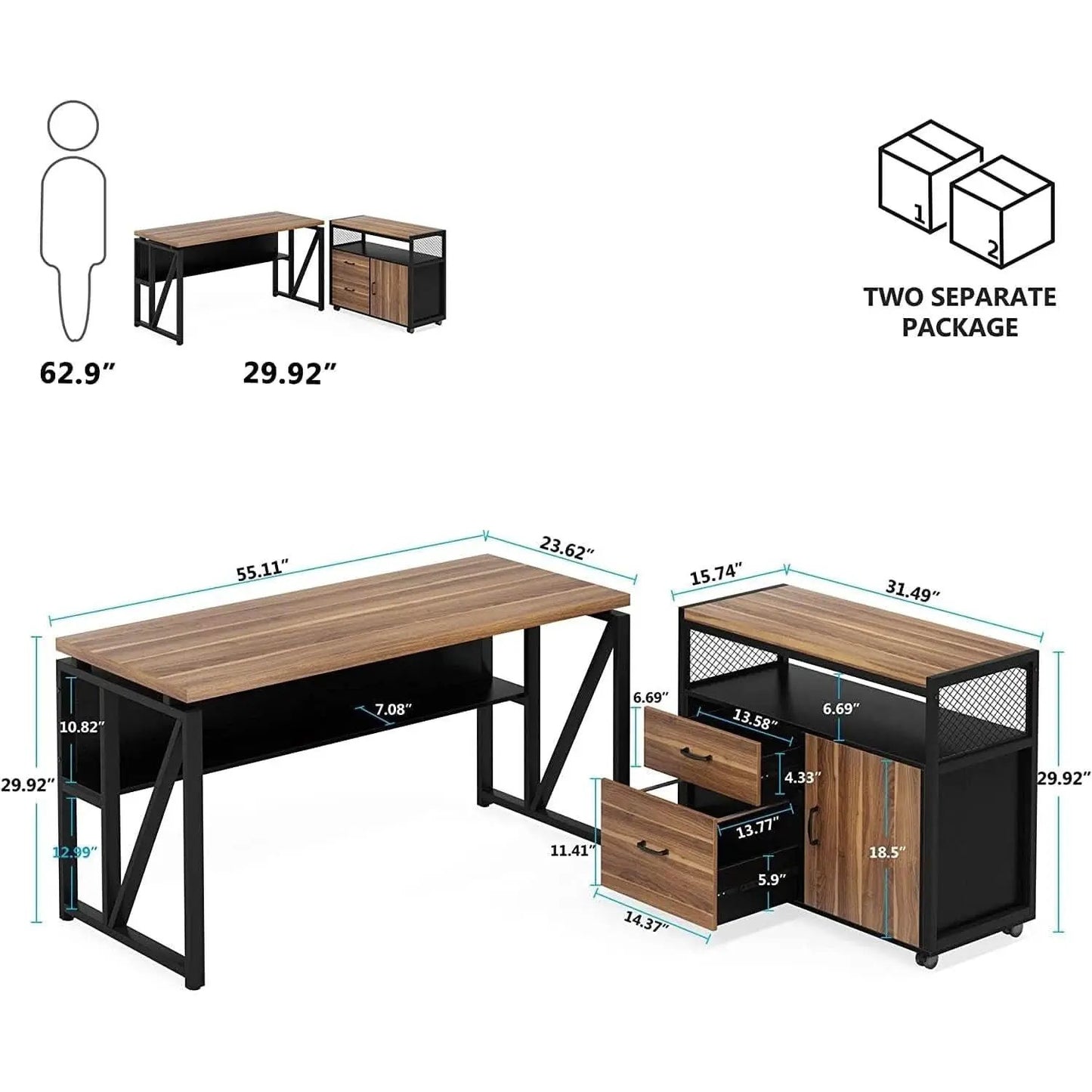 Rustic L Shaped Desk With Storage Cabinet On Wheels from PriceLows™